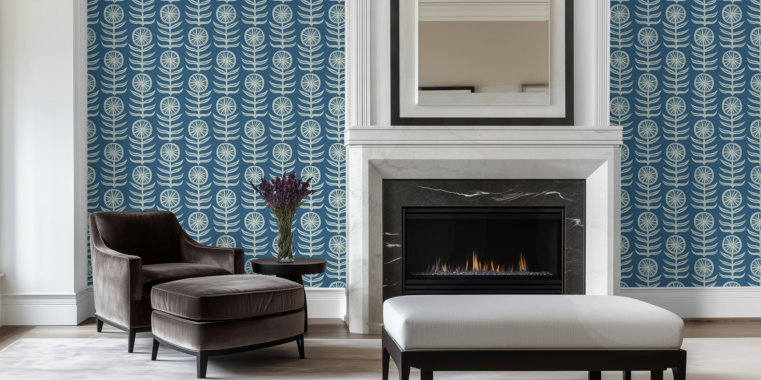 Blue and white floral pattern wallpaper