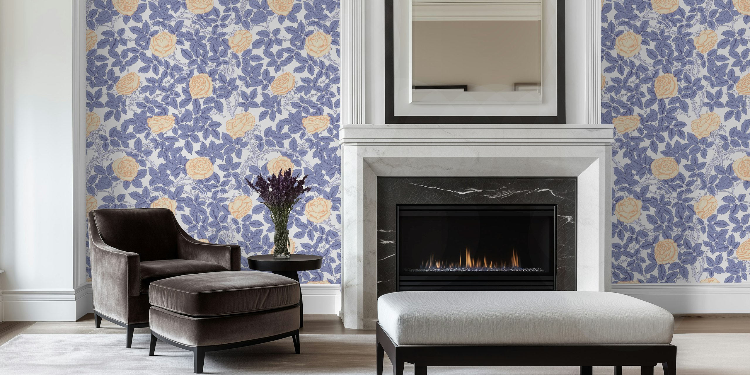 Floral rose pattern with peach roses and blue leaves wallpaper