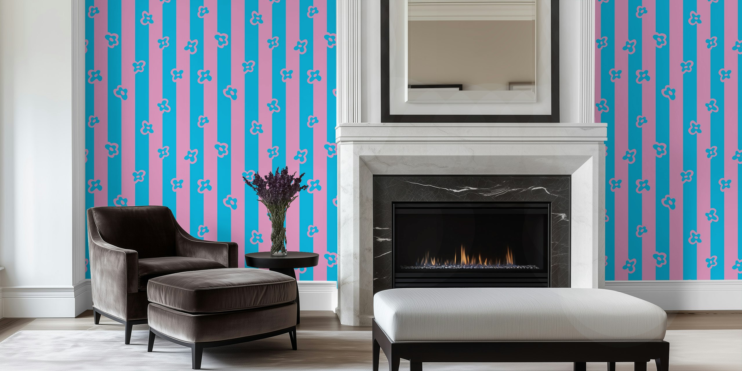 Retro floral pattern in pink and blue stripes wallpaper