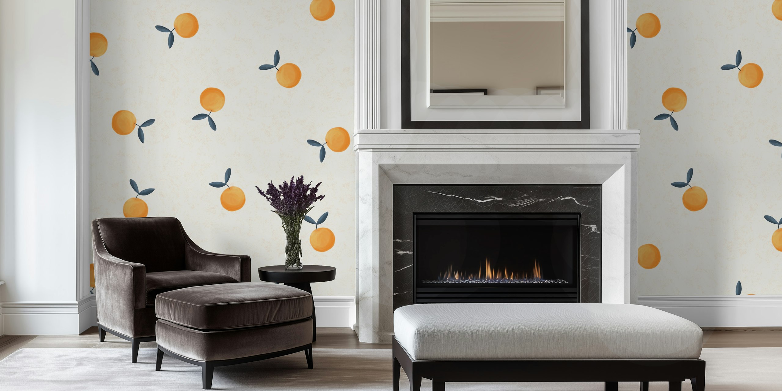 A wall mural with orange fruits pattern on a textured background