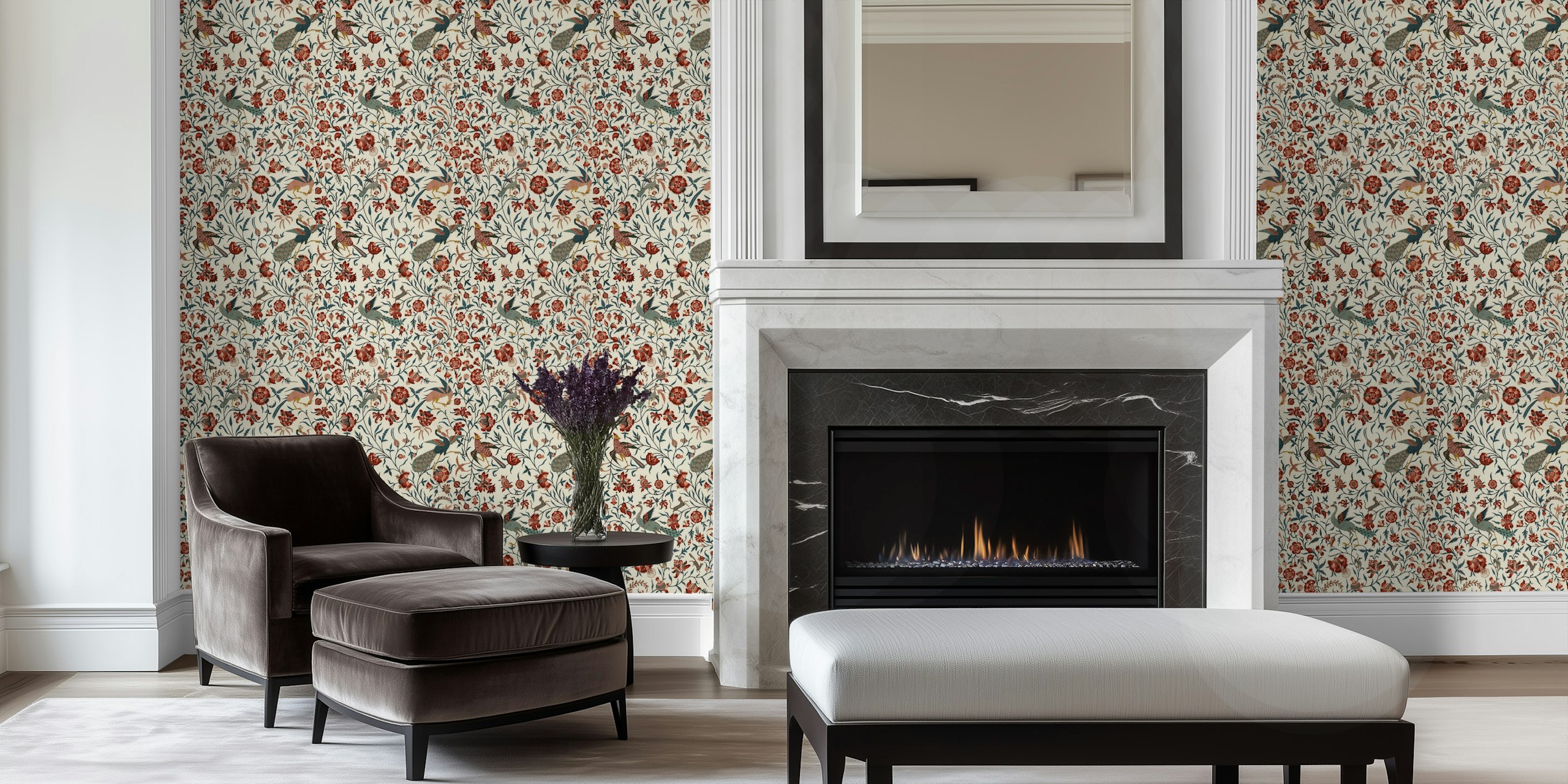 Floral pattern with peacocks in red, blue, and cream wallpaper