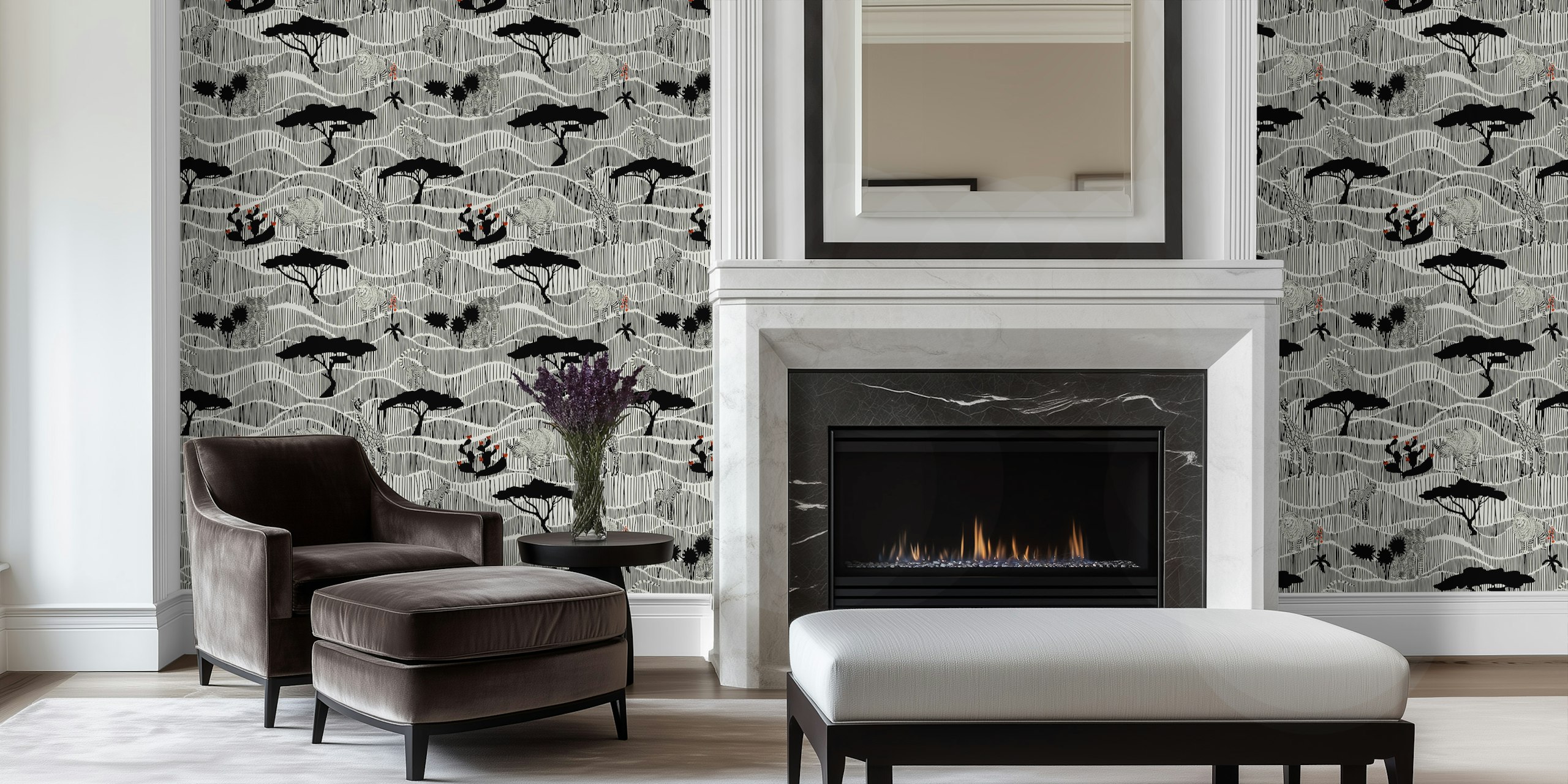 Wildlife Safari Savannah papel de parede preto e branco