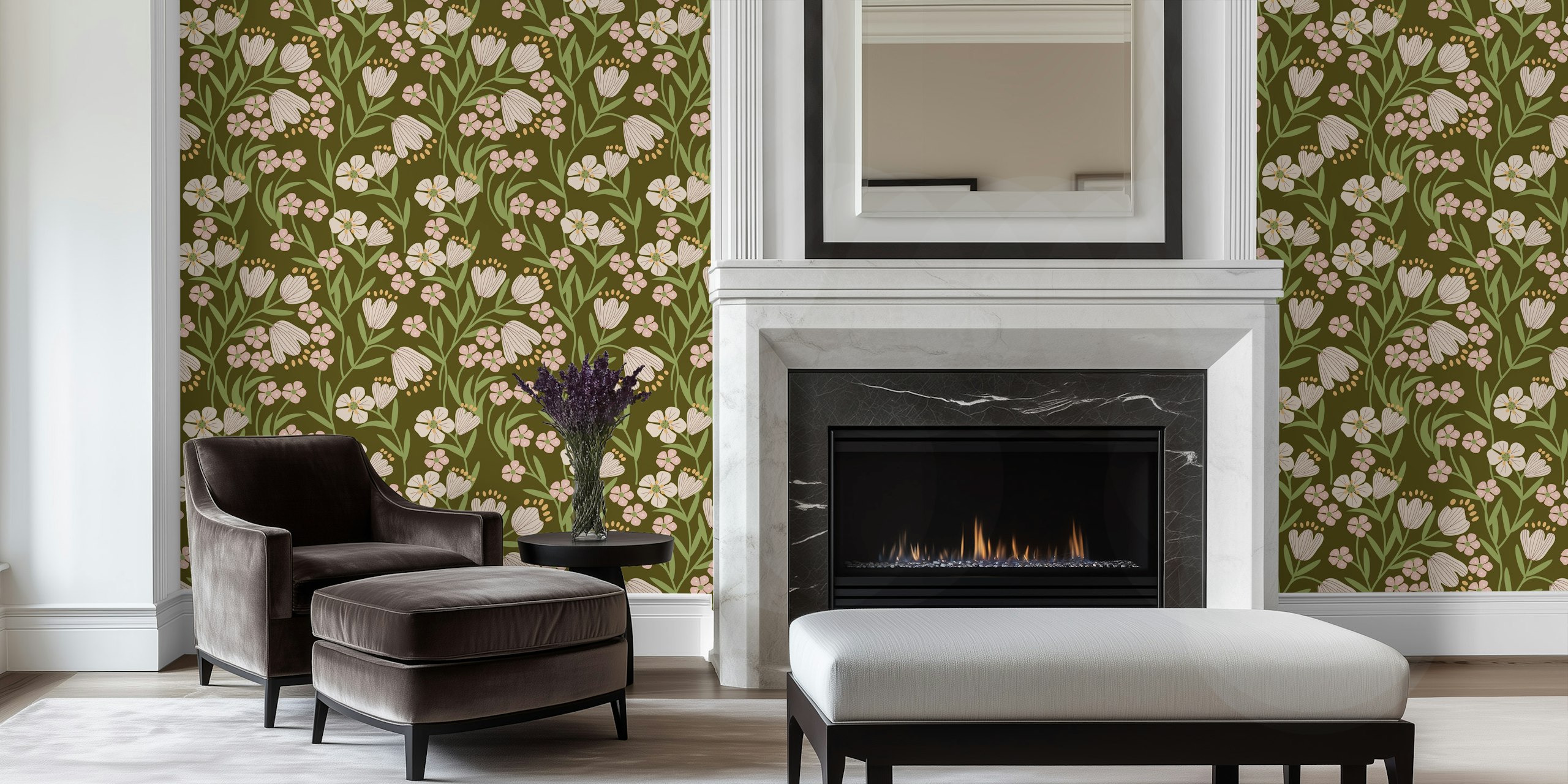 Olive green floral wallpaper with pink flowers and leafy patterns