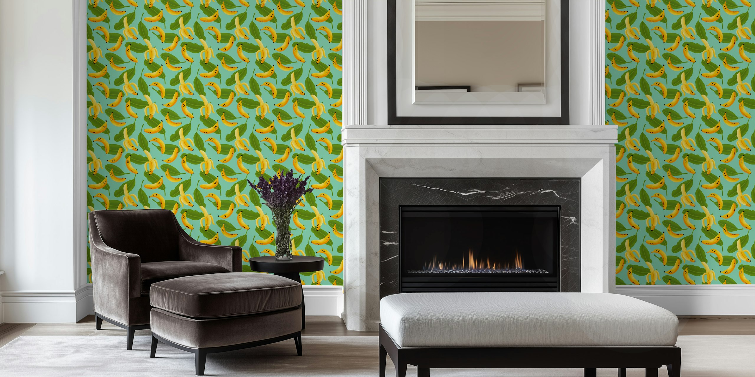 Banana Pattern on Aqua Blue in einem Zimmer