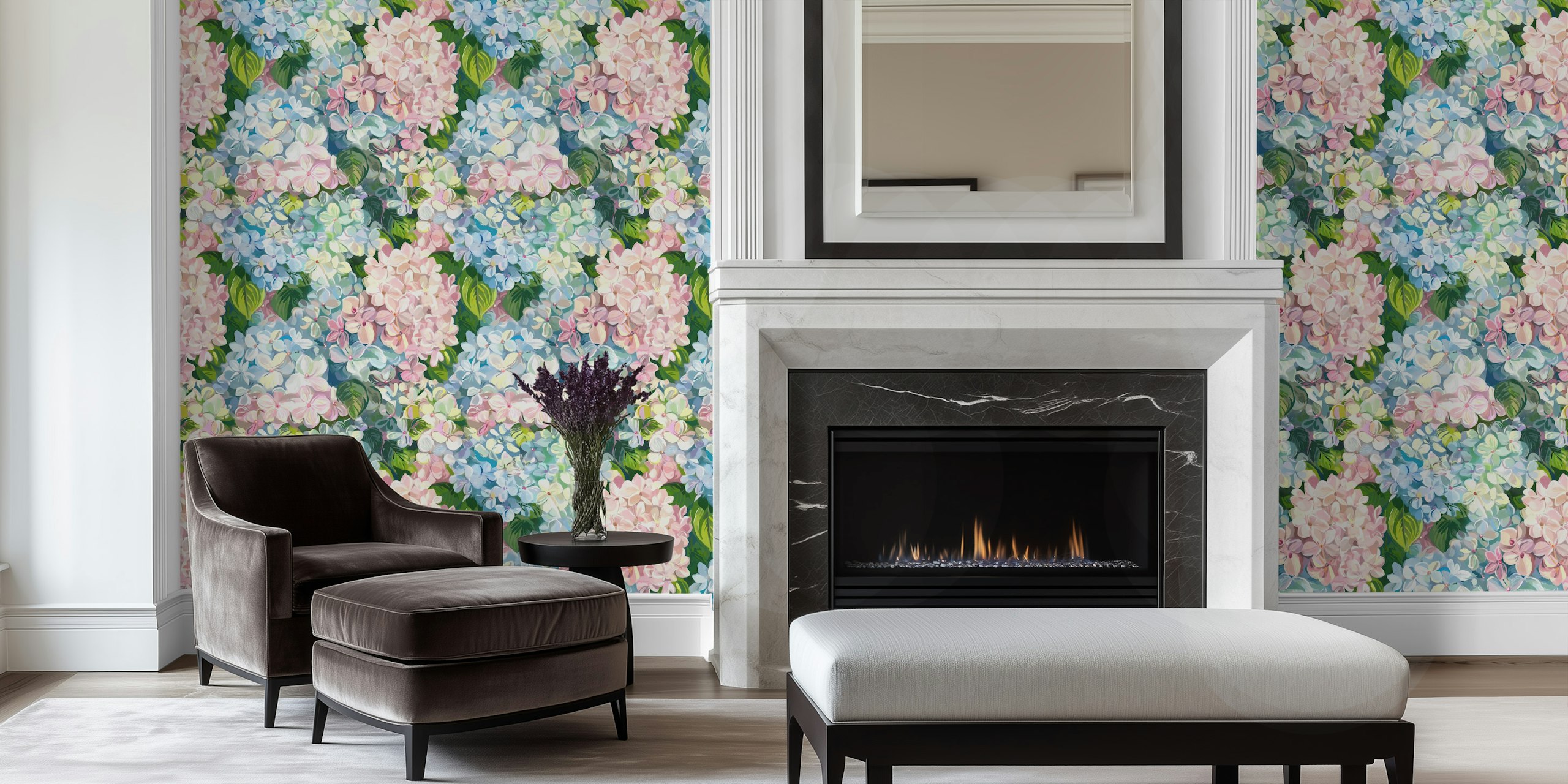 Bubblegum Hydrangea Vintage Art wallpaper in a room