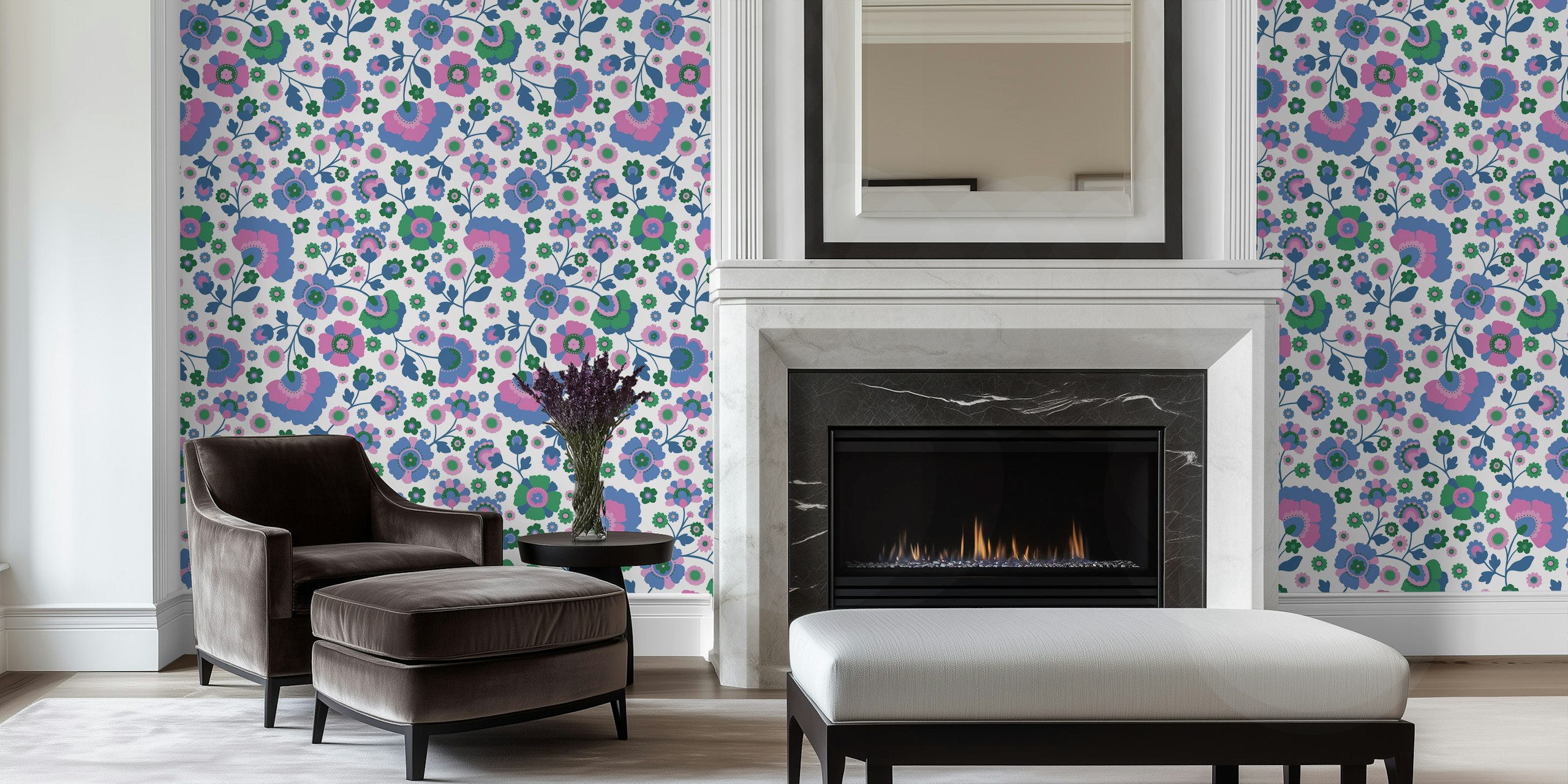 Colorful floral pattern with blue, pink, and green elements wallpaper