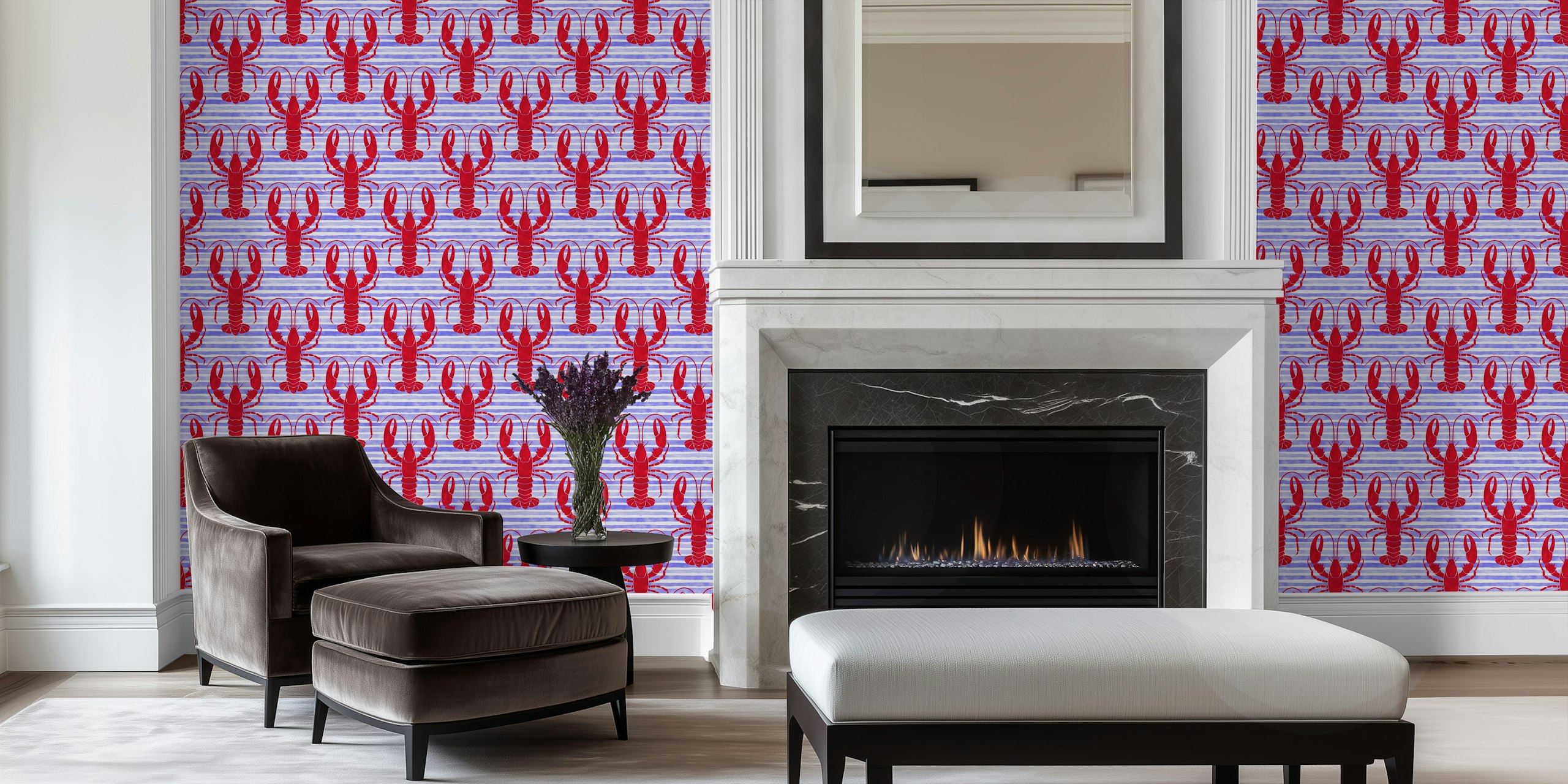 Papier peint mural à motif de homards rouge foncé sur fond rayé bleu et blanc