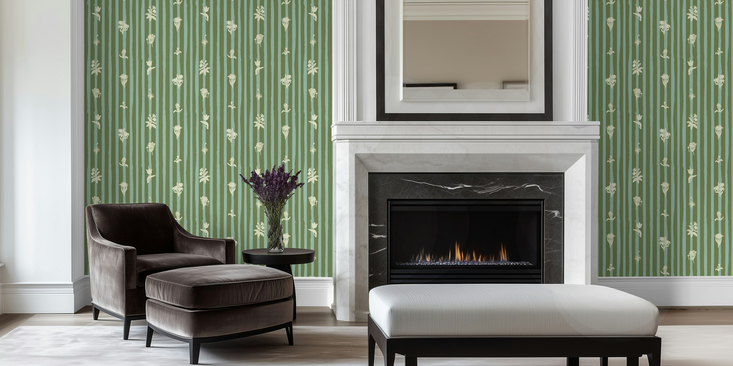 Floral pattern with stripes in sage green and cream wallpaper
