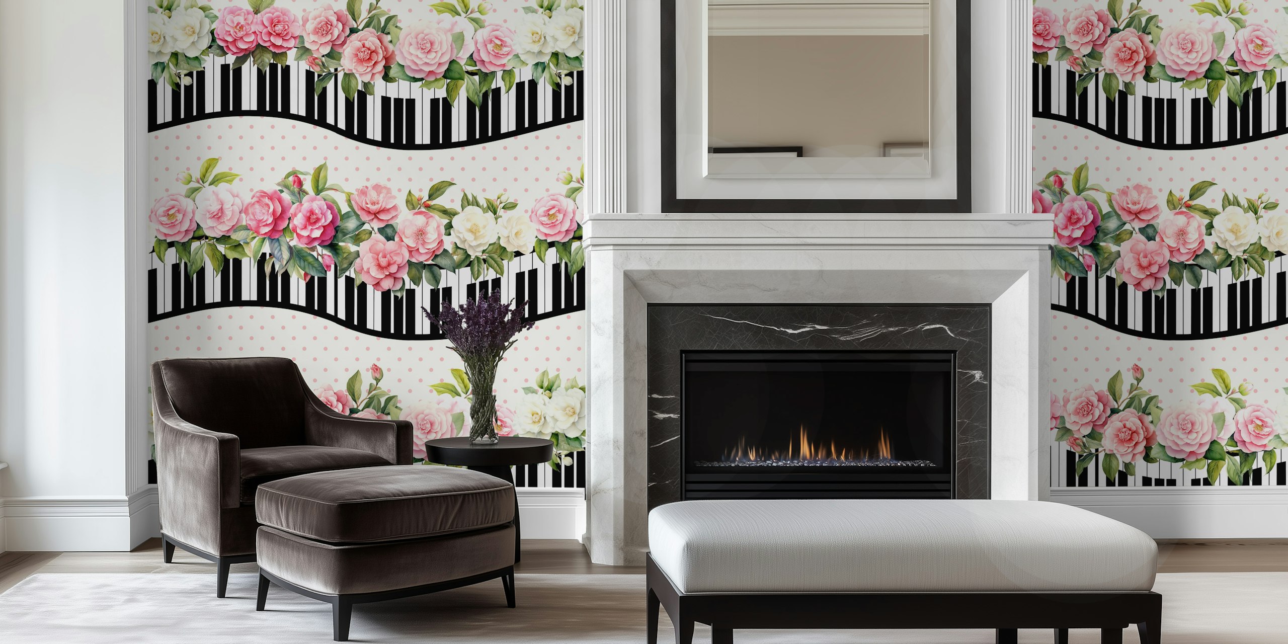 Shabby Chic wallpaper with piano keys and flowers