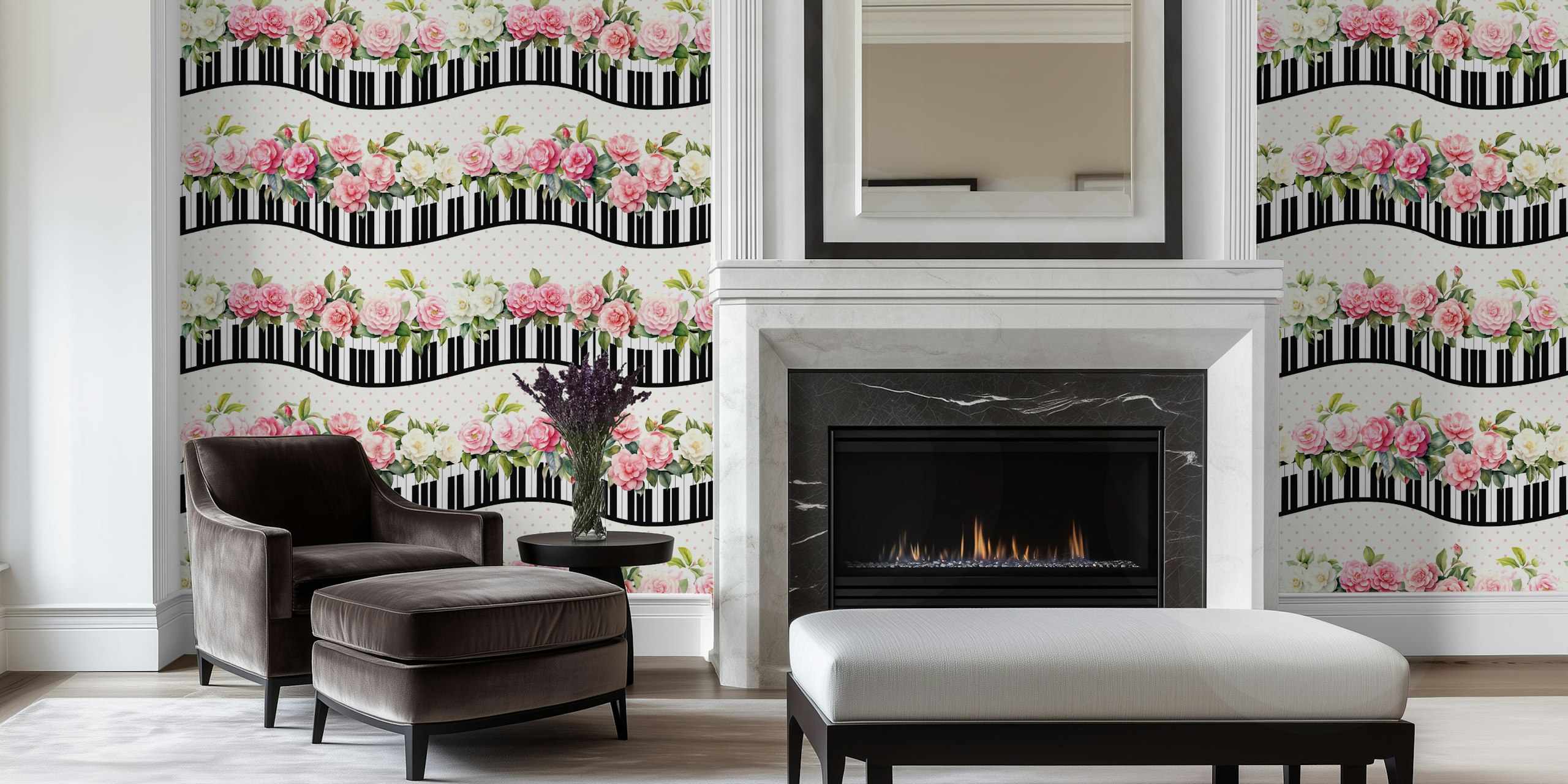 Shabby Chic piano keyboard waves wallpaper in a room