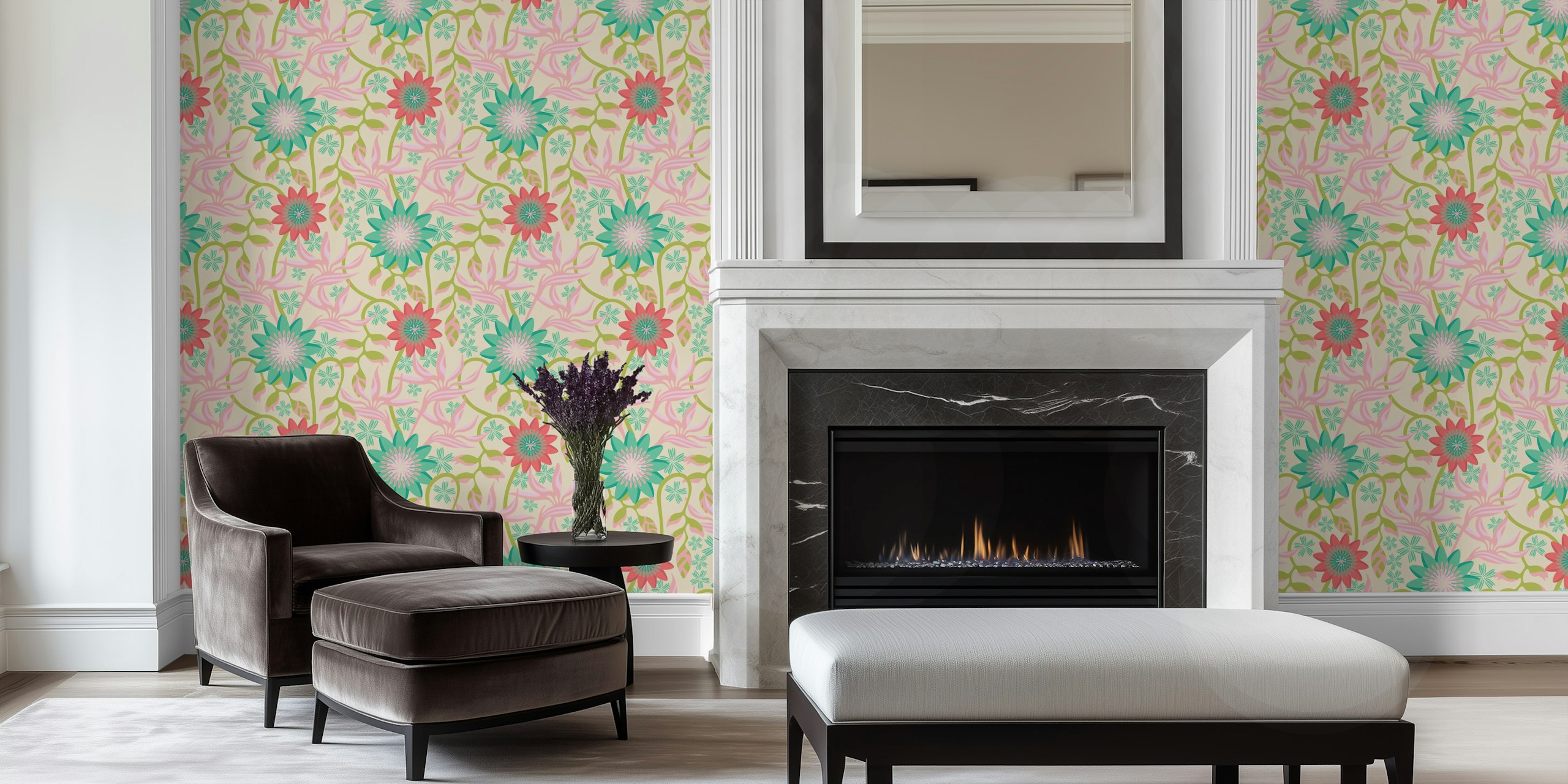 Tropical floral pastel wallpaper in a room