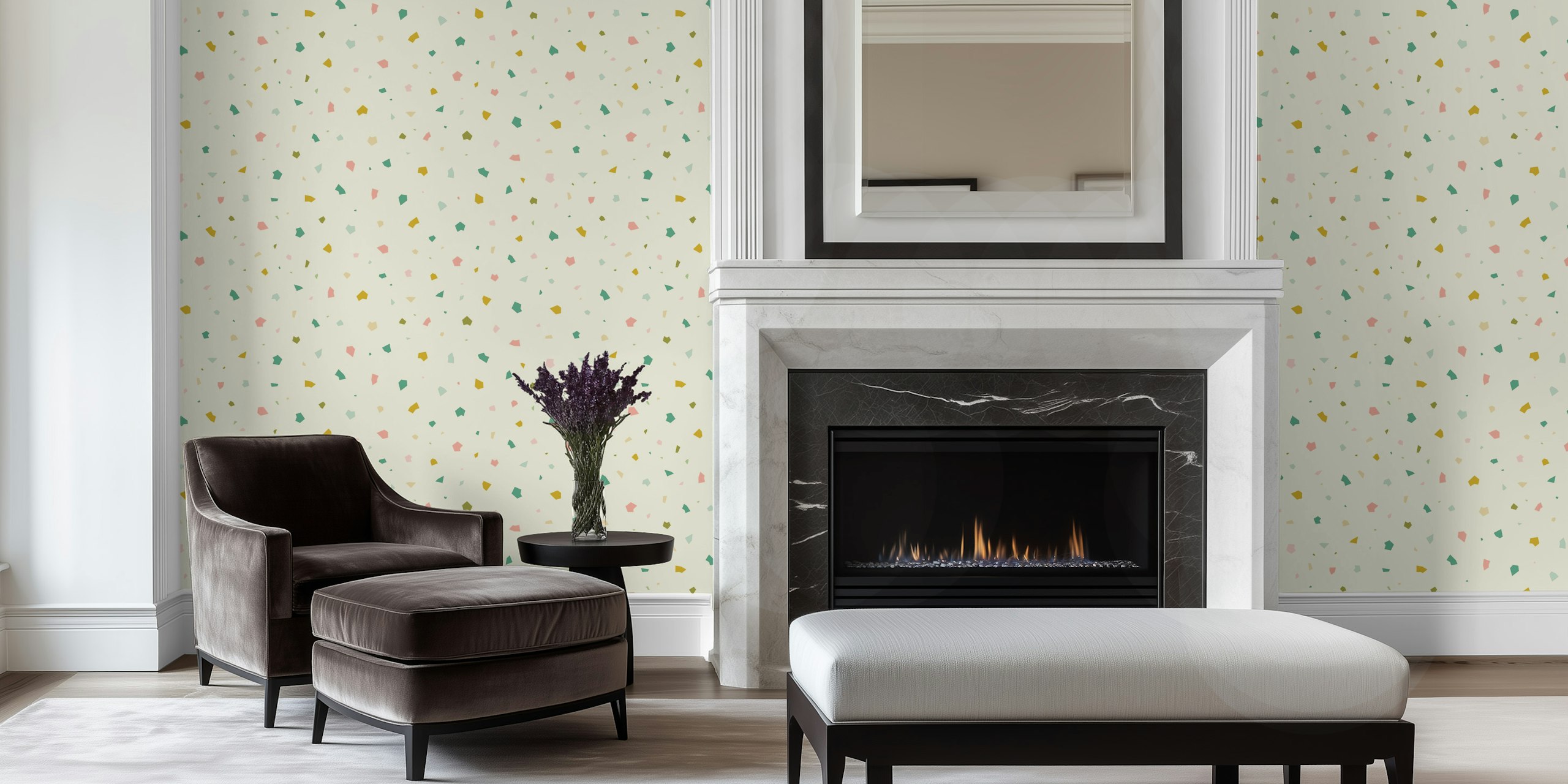 Colorful terrazzo pattern in teal, pink, and gold wallpaper