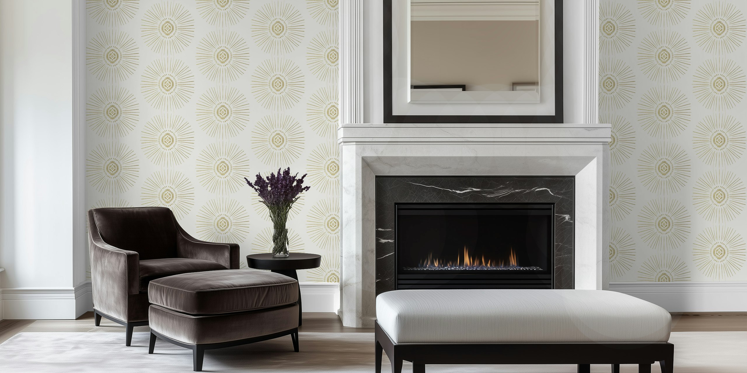 Gold tribal sun symbols with radiating lines on cream wallpaper