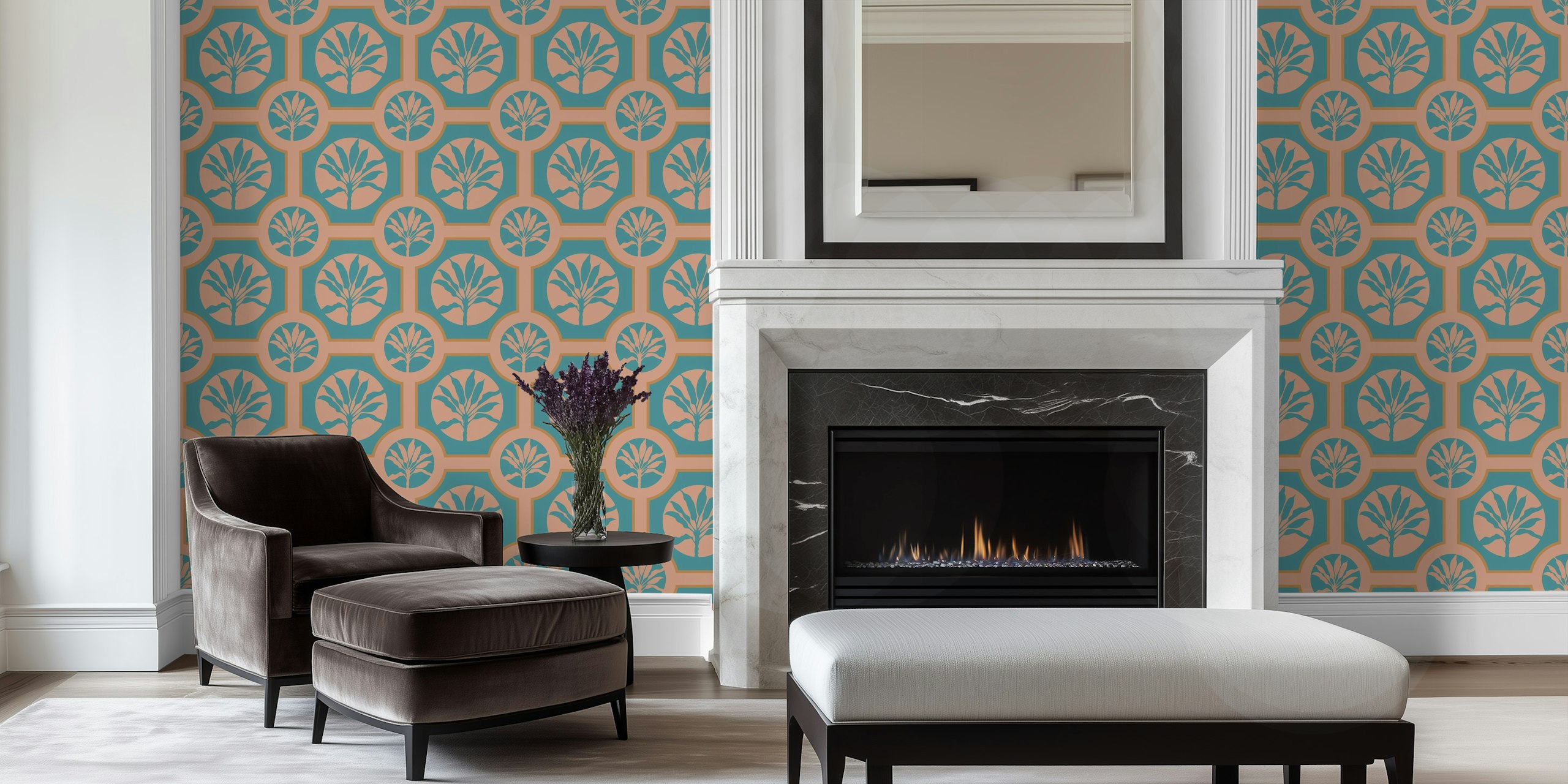 Blue and peach tropical ti plant pattern wall mural in geometric tile design
