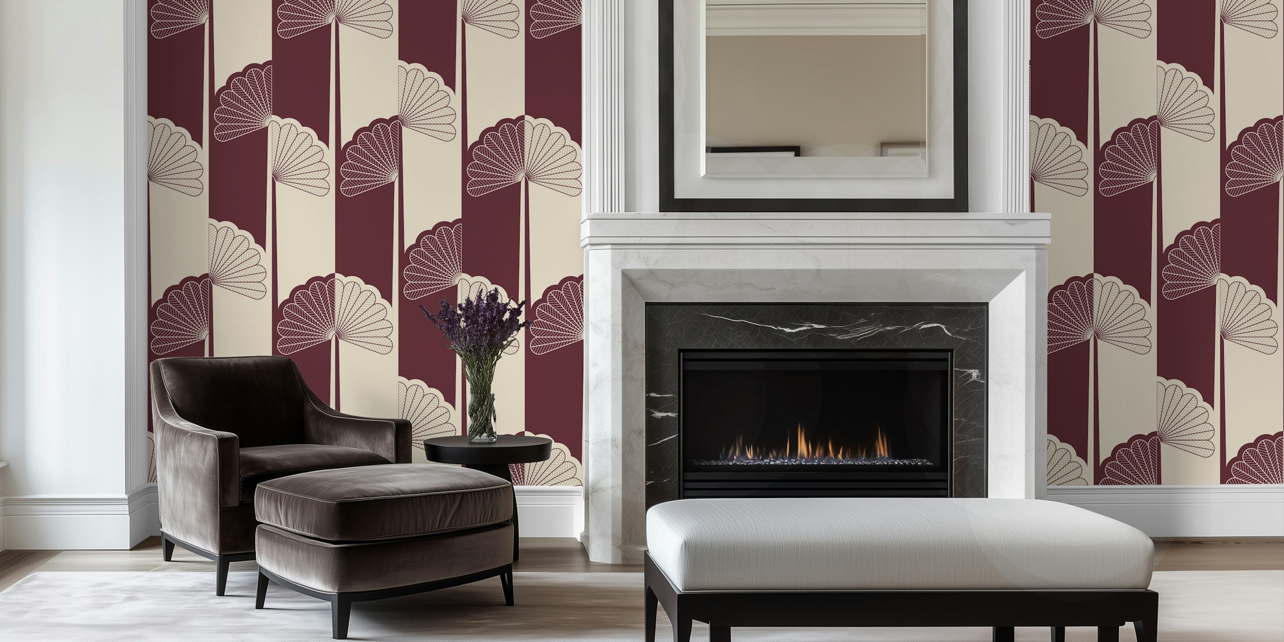 Palm tree stripes in bordeaux and off-white colors on wallpaper