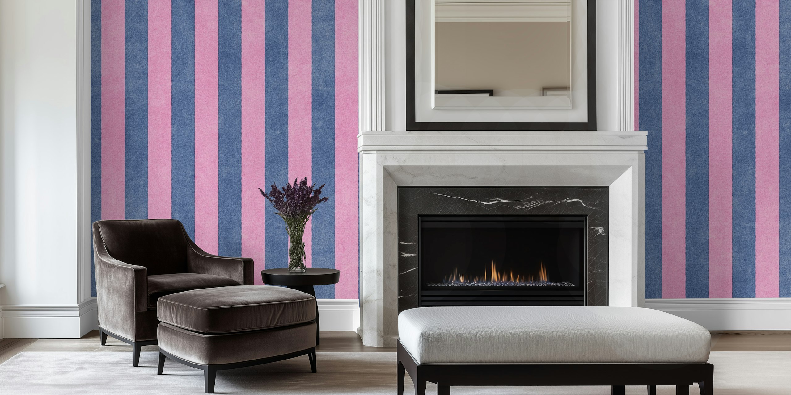 Pink and blue striped wallpaper on textured background