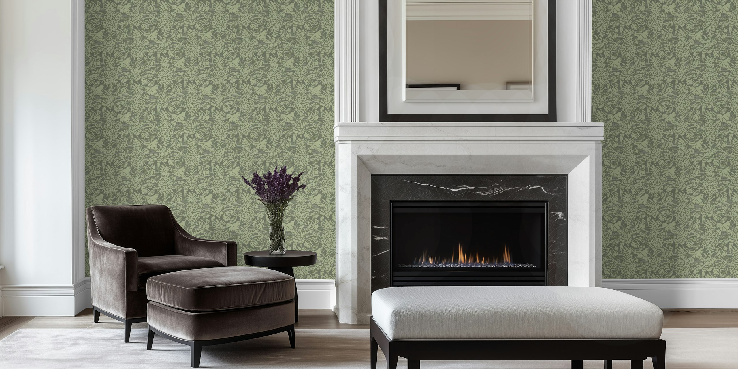 Tropicana damask wall mural in dark sage with small-scale tropical pattern