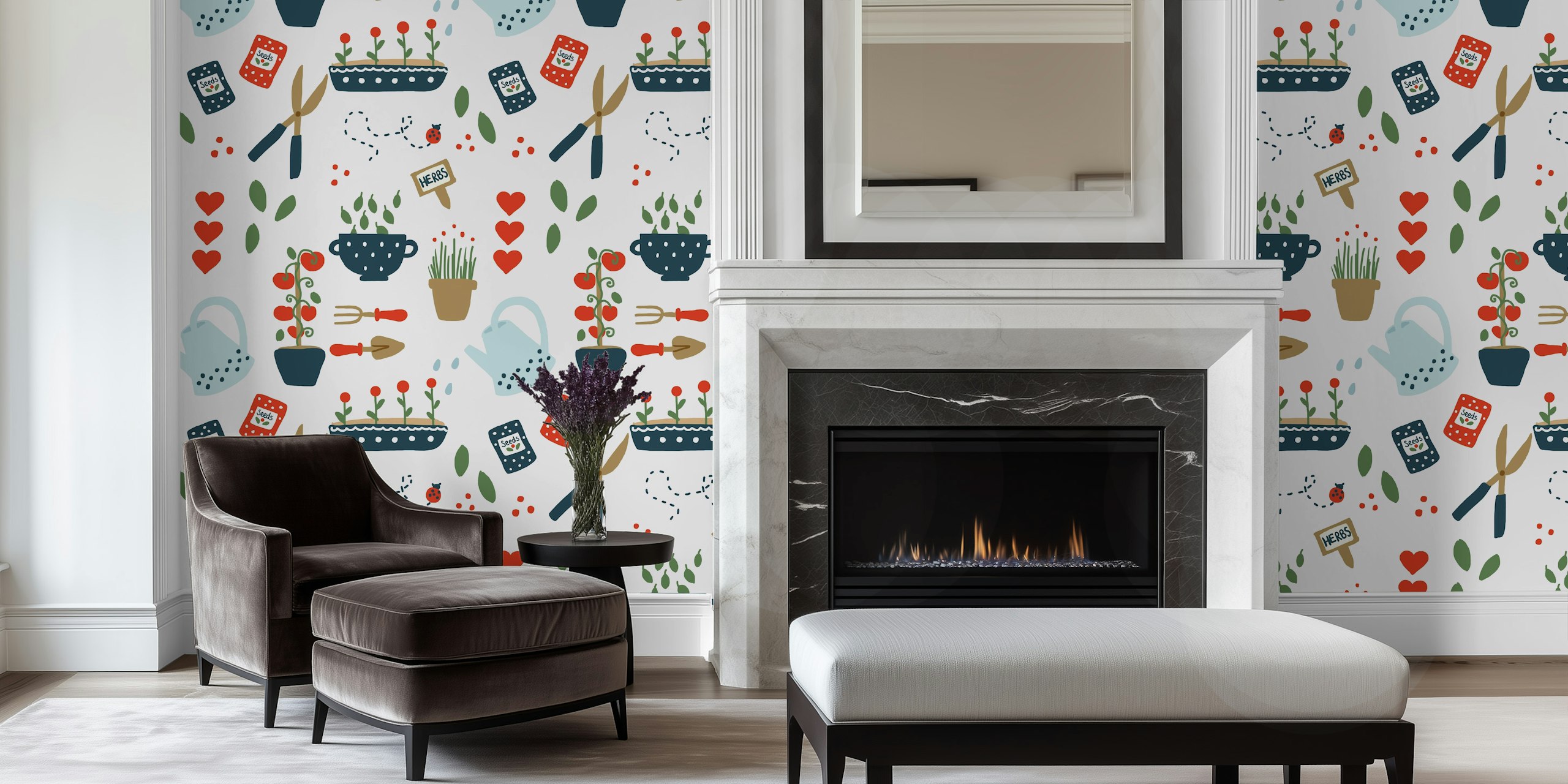 Playful illustration of garden tools, potted herbs, and gardening elements on a wall mural