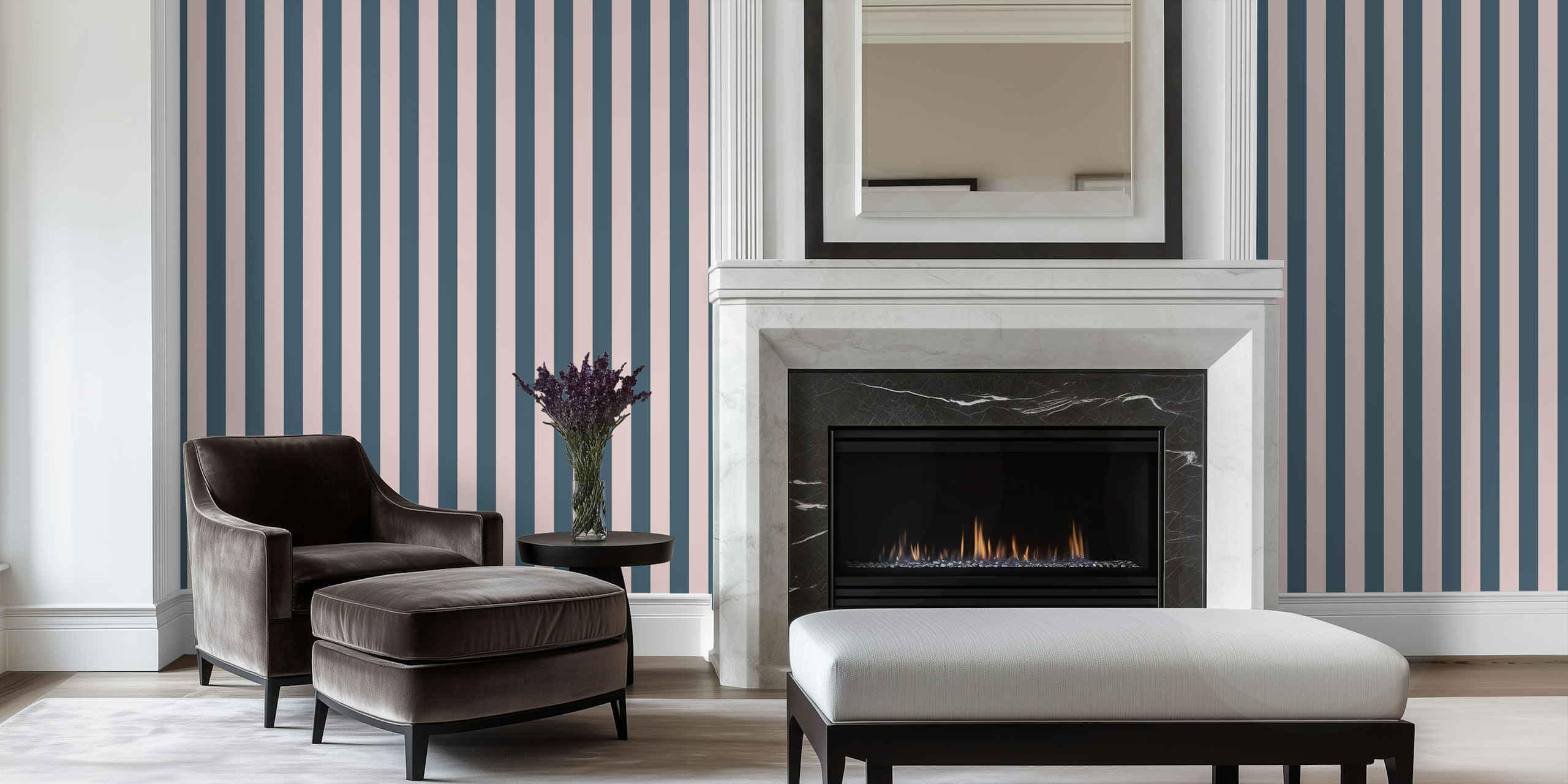 Pink and blue retro stripes wallpaper in a room