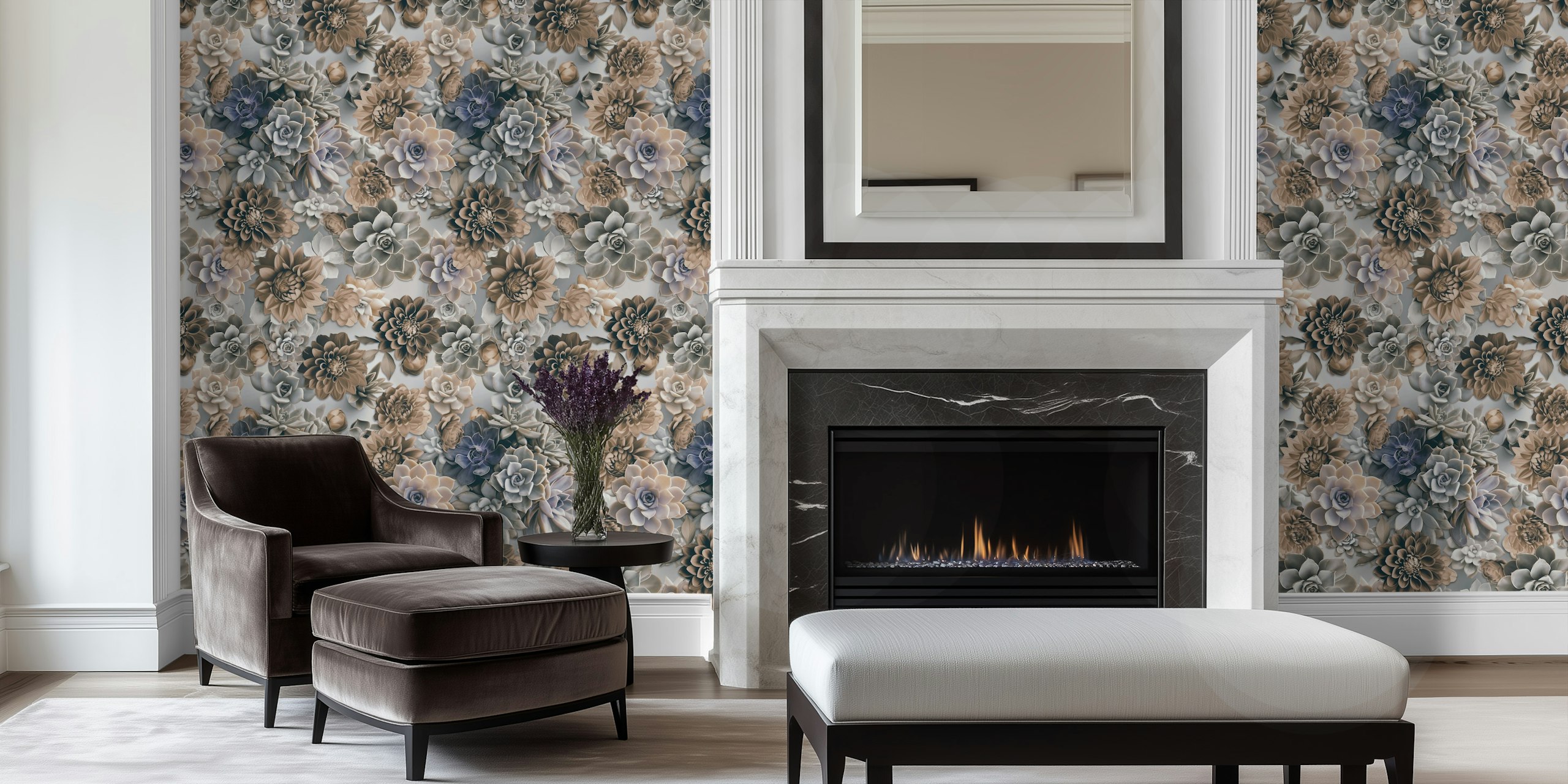 Succulent and flower wallpaper in a room