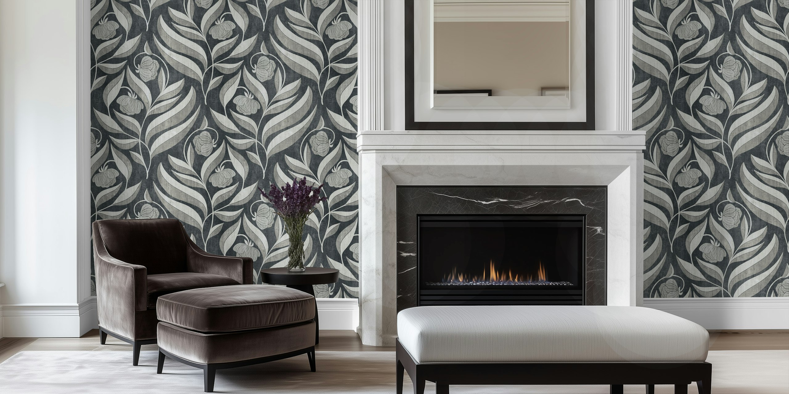 Flowing Floral Monochrome Wallpaper Design
