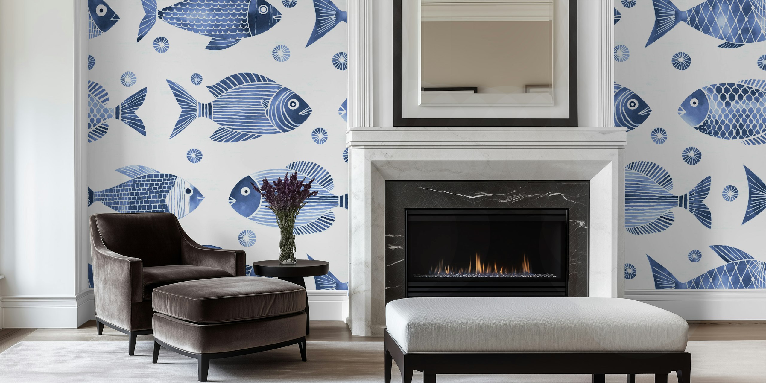 Navy tapet med leken fiskdesign