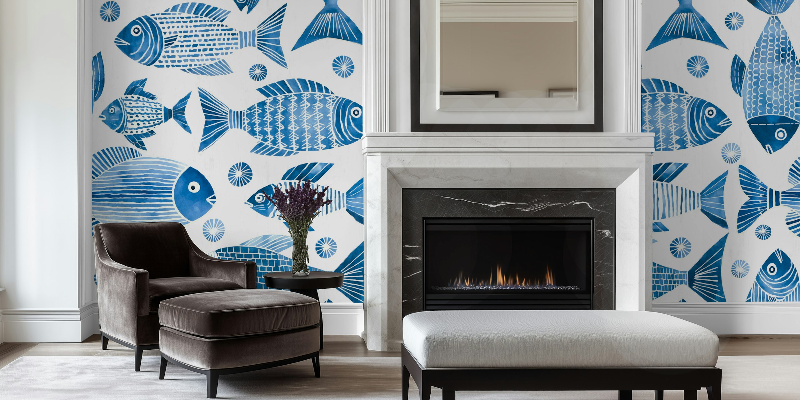 Underwater Blue Fish Parade wallpaper in room