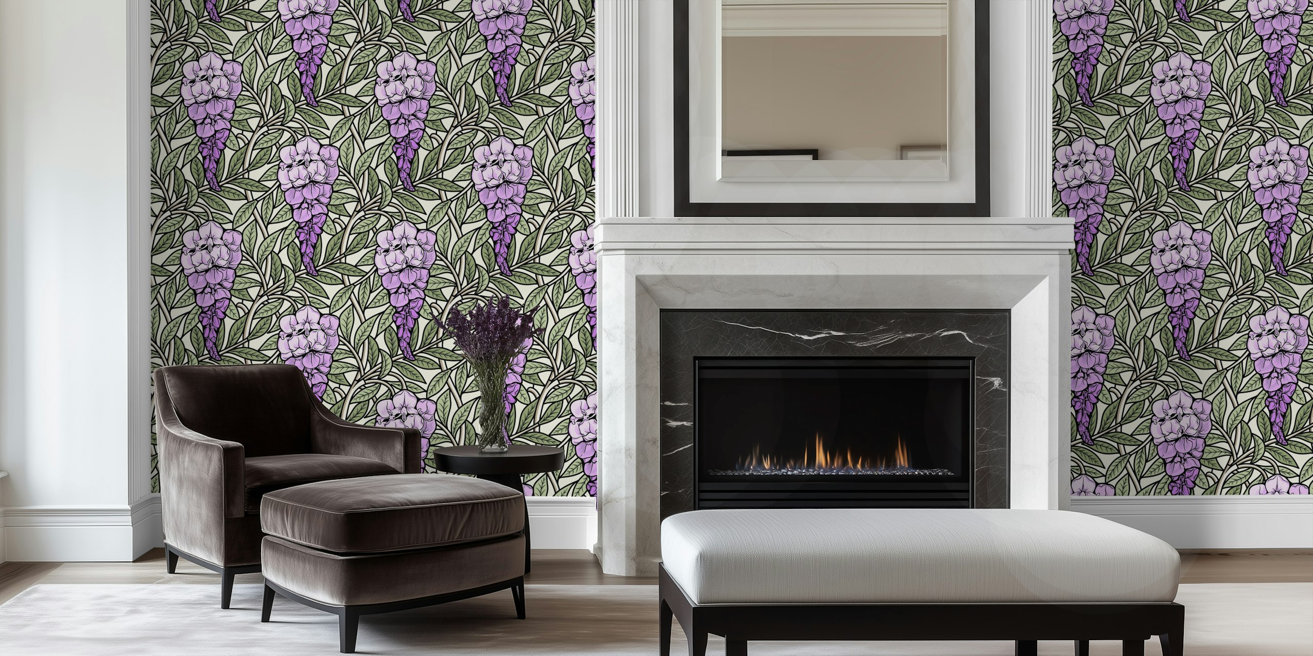 Retro Wisteria Glycine wallpaper design in a room