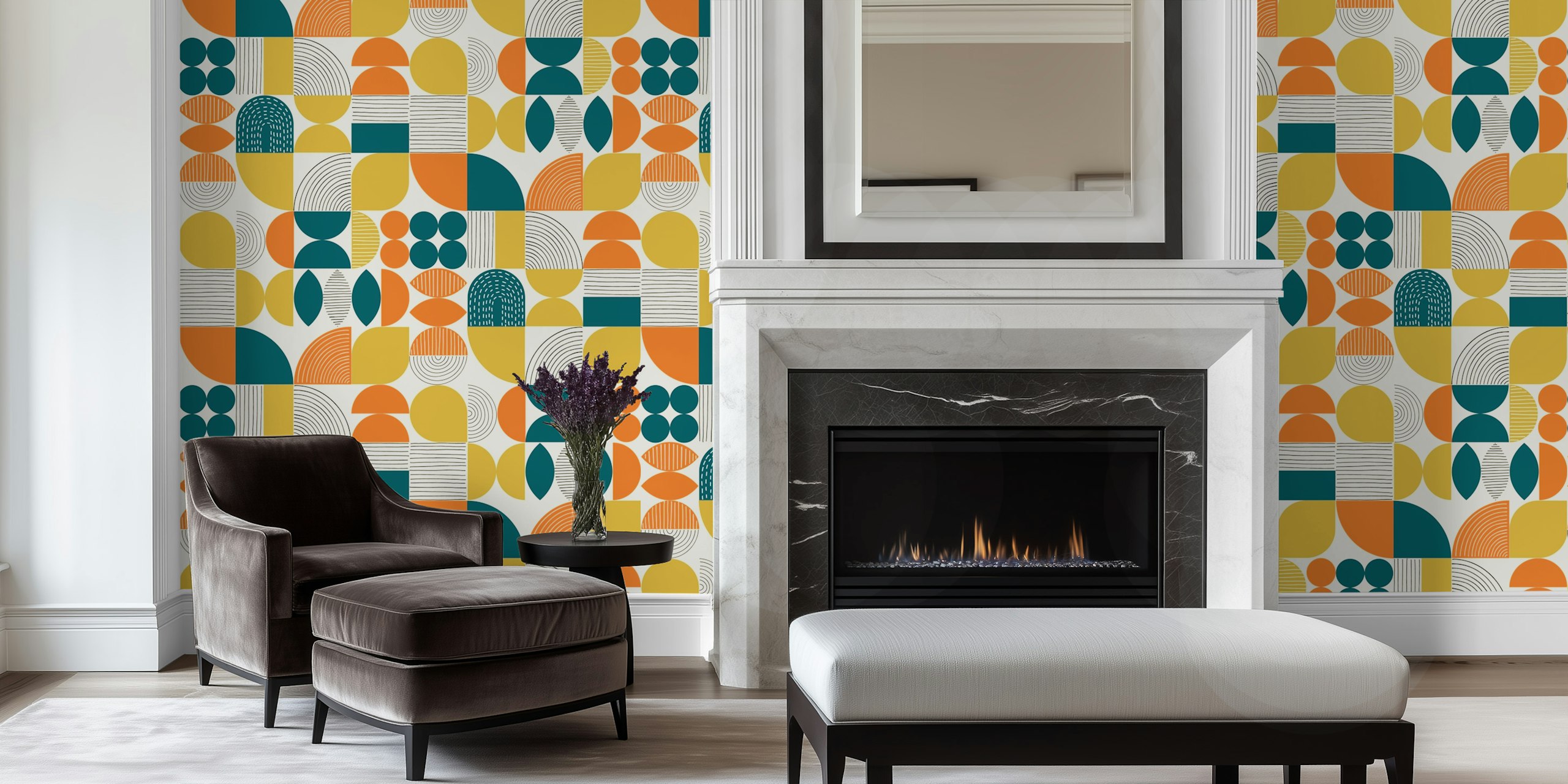 Colorful geometric shapes in teal and saffron wallpaper