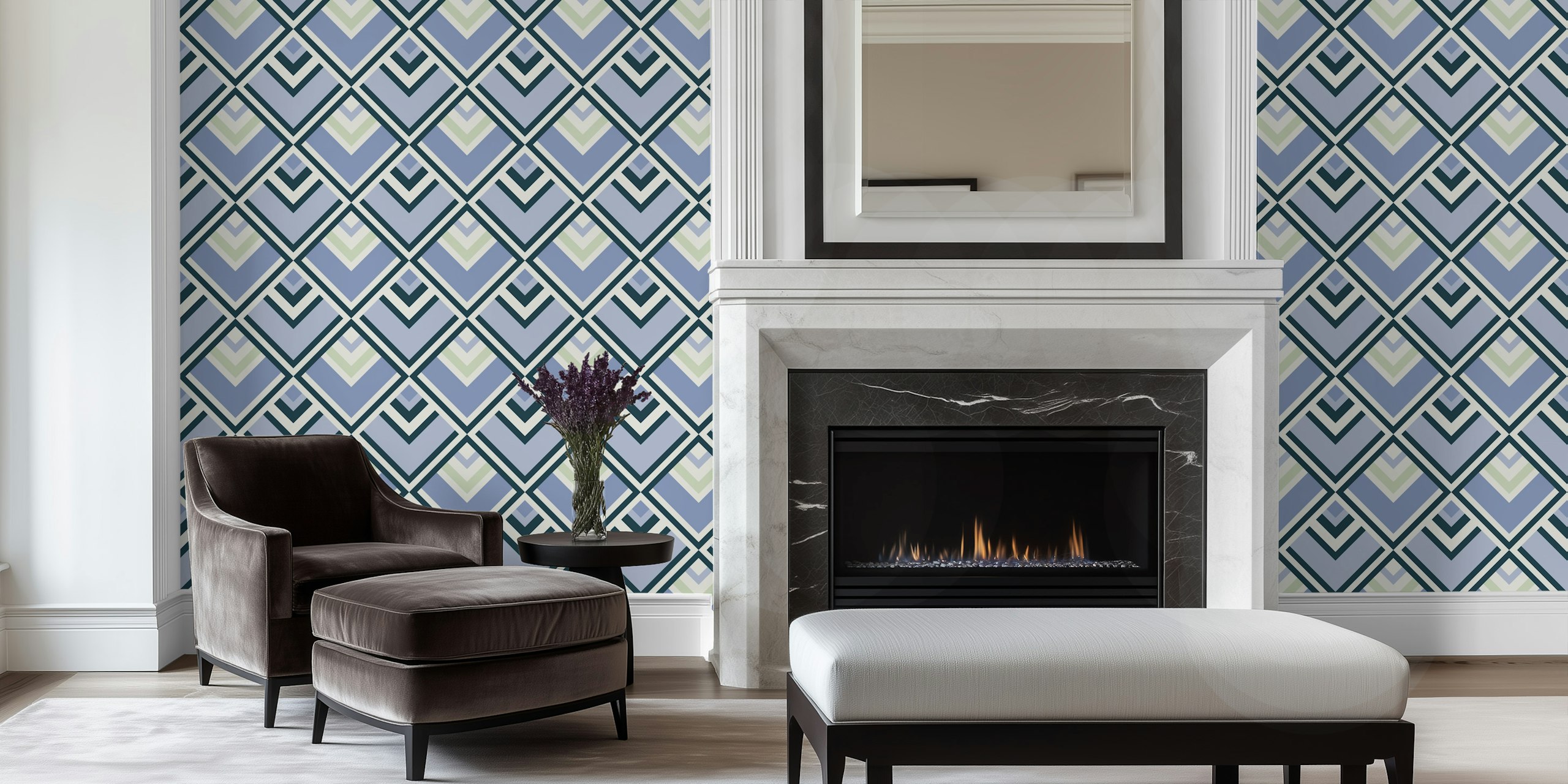 Geometric blue diamond pattern on cream wallpaper