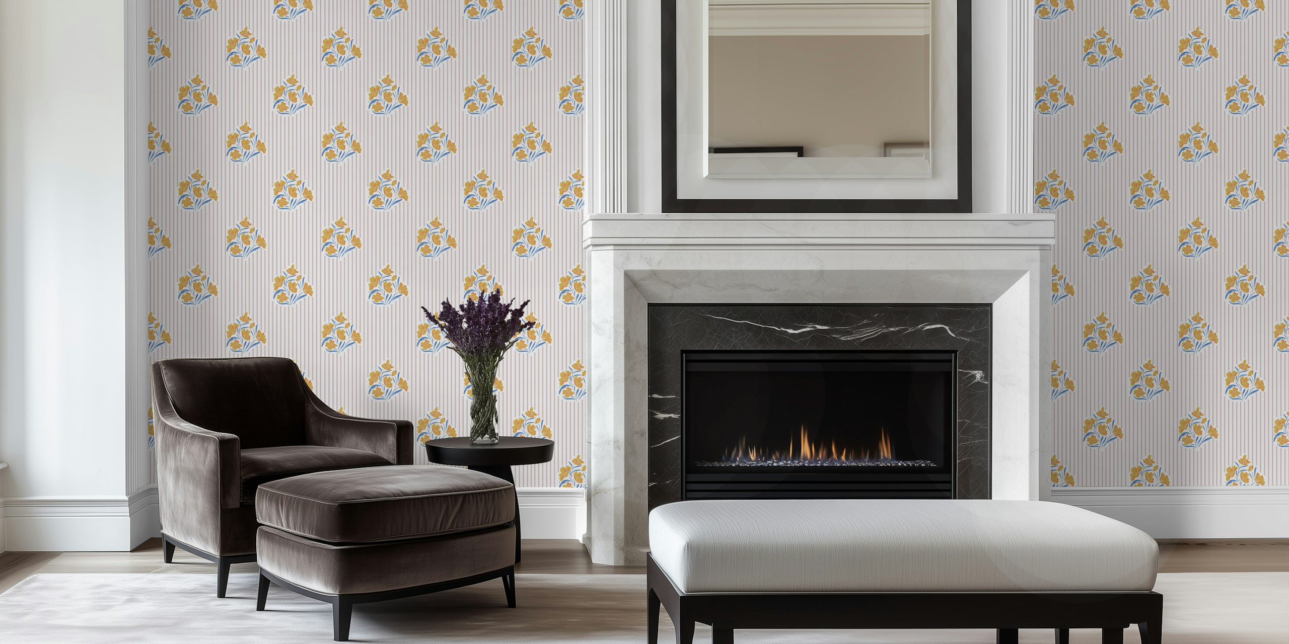 floral bush and stripes behang in een kamer