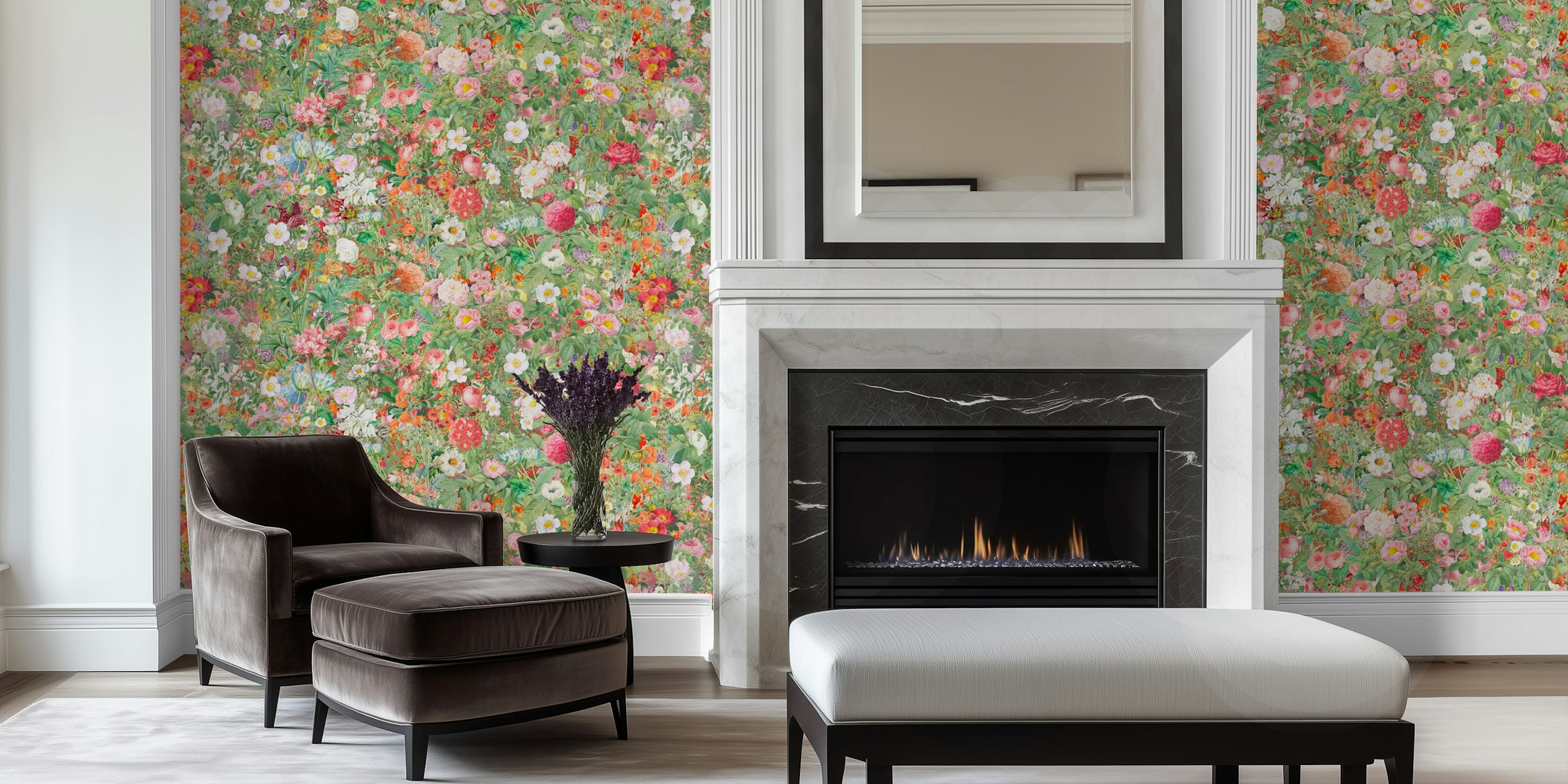 Colorful floral pattern with numerous flowers and greenery wallpaper