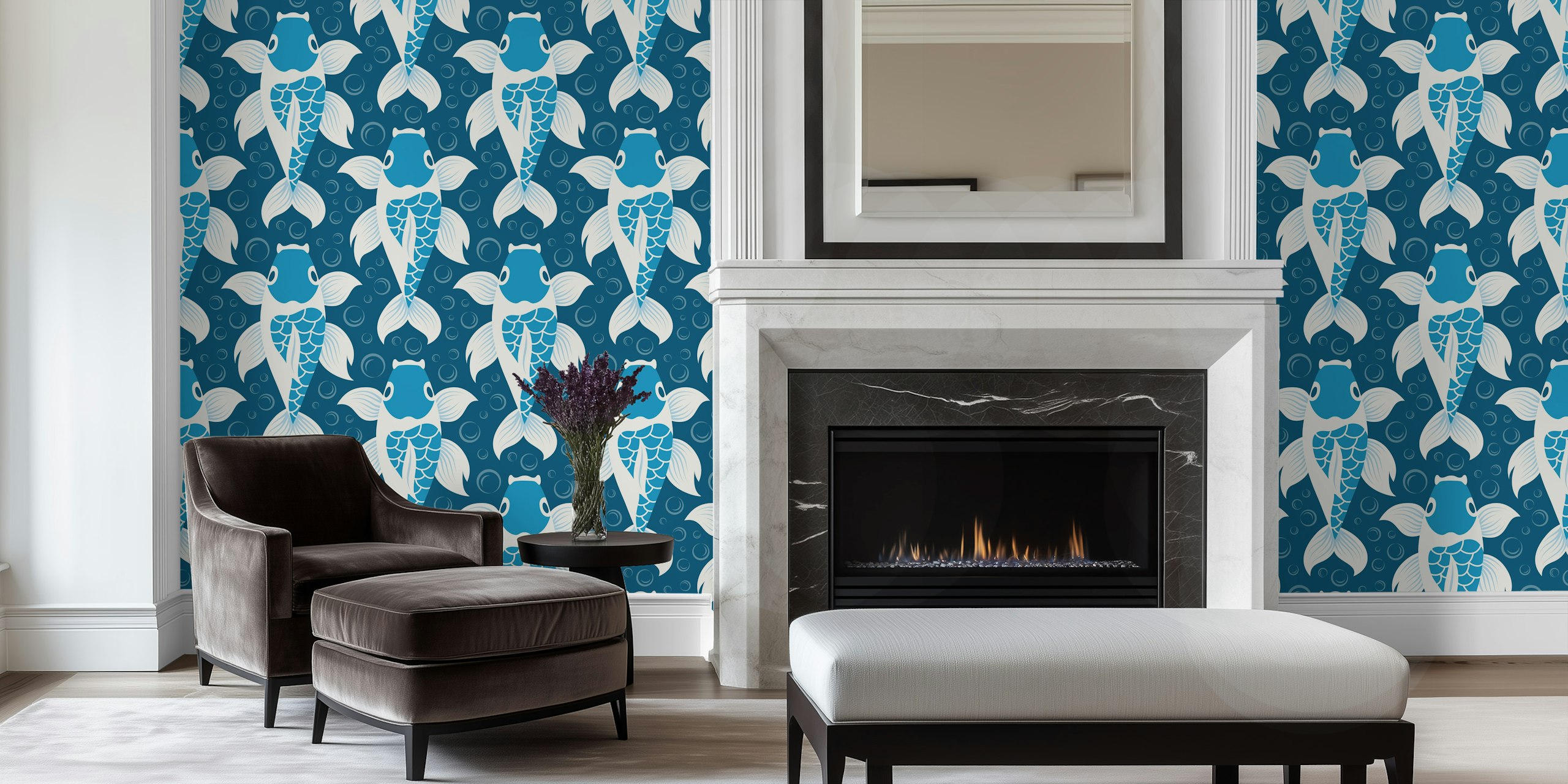 Koi fish pattern in blue with white accents wallpaper