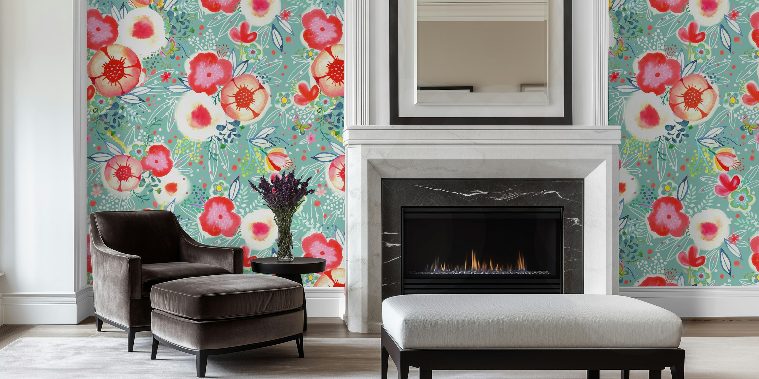 Fleurs de jardin aquarelle en papier peint à la menthe pour la décoration intérieure.