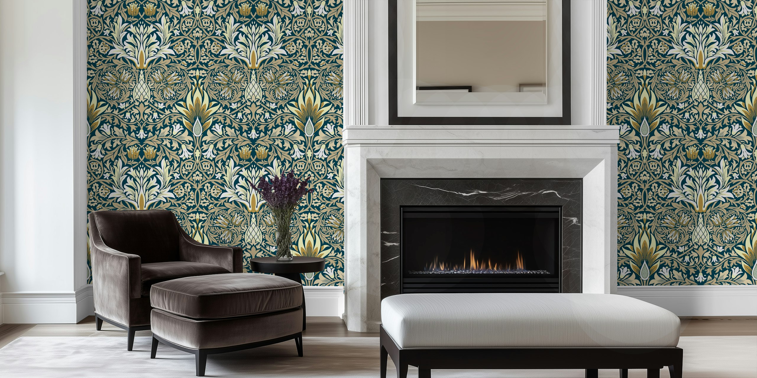 Victorian Snakeshead Pattern 3 wall mural featuring intricate botanical and serpentine motifs in navy blue and gold.