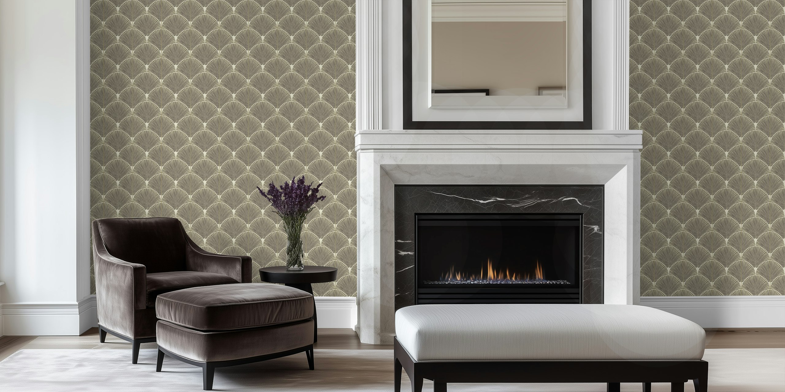 Warm neutral Japandi palms wallpaper in a room