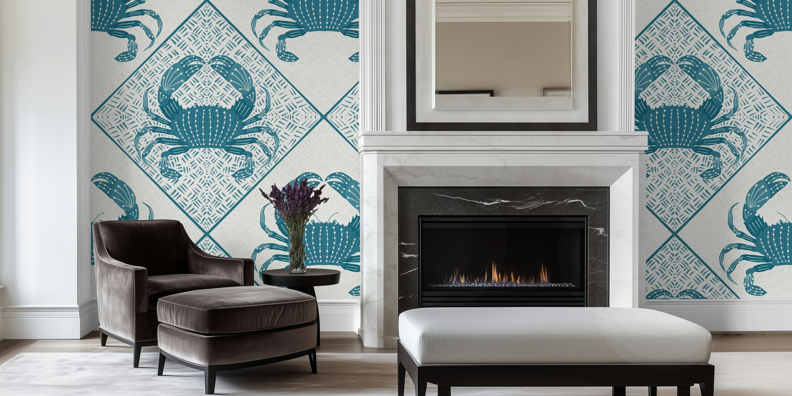 Blue Crab Cove wall mural featuring symmetrical crab motifs in blue and white.