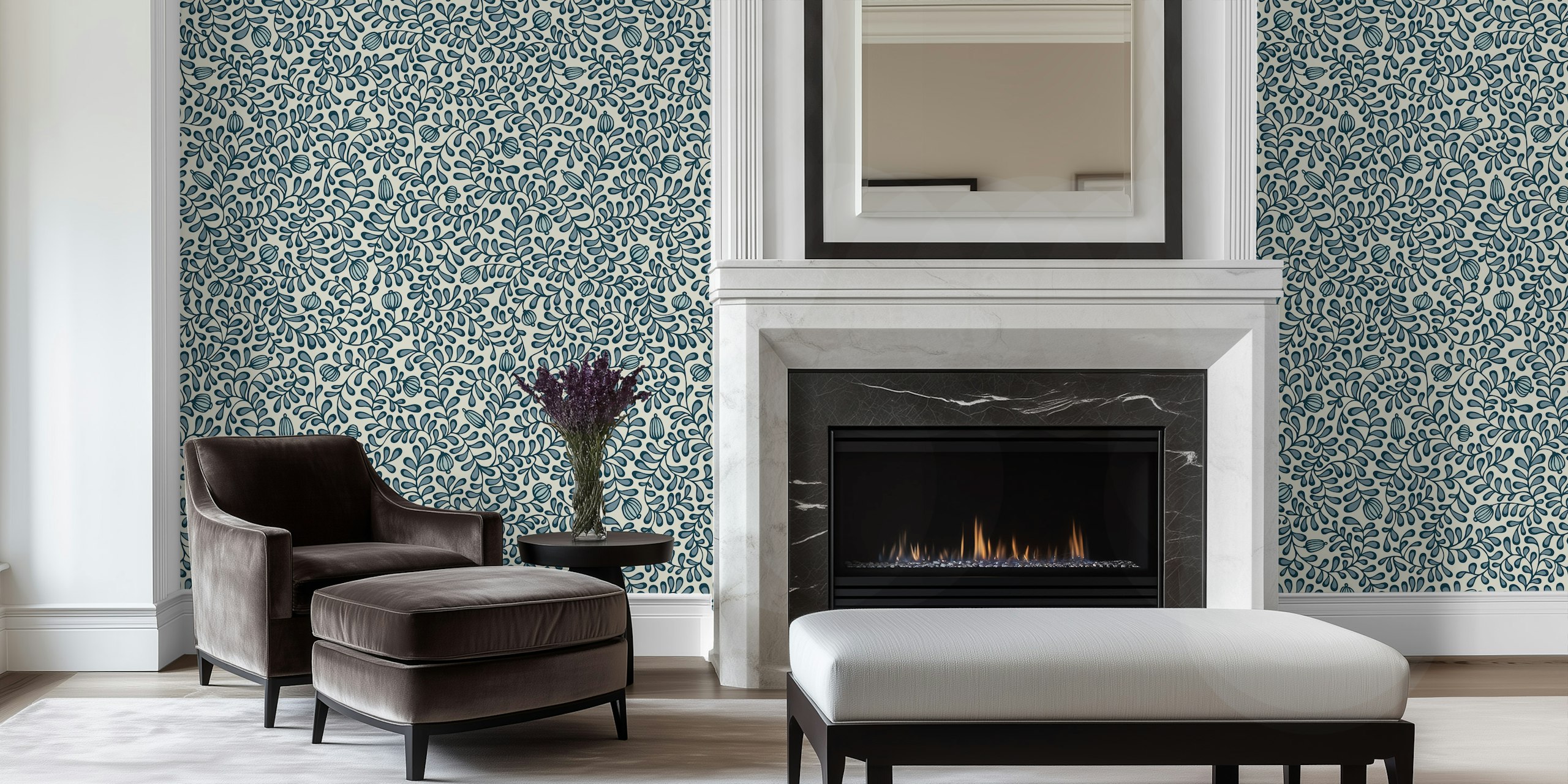 Interieur met Tangled Leaves Grey Blue Behang