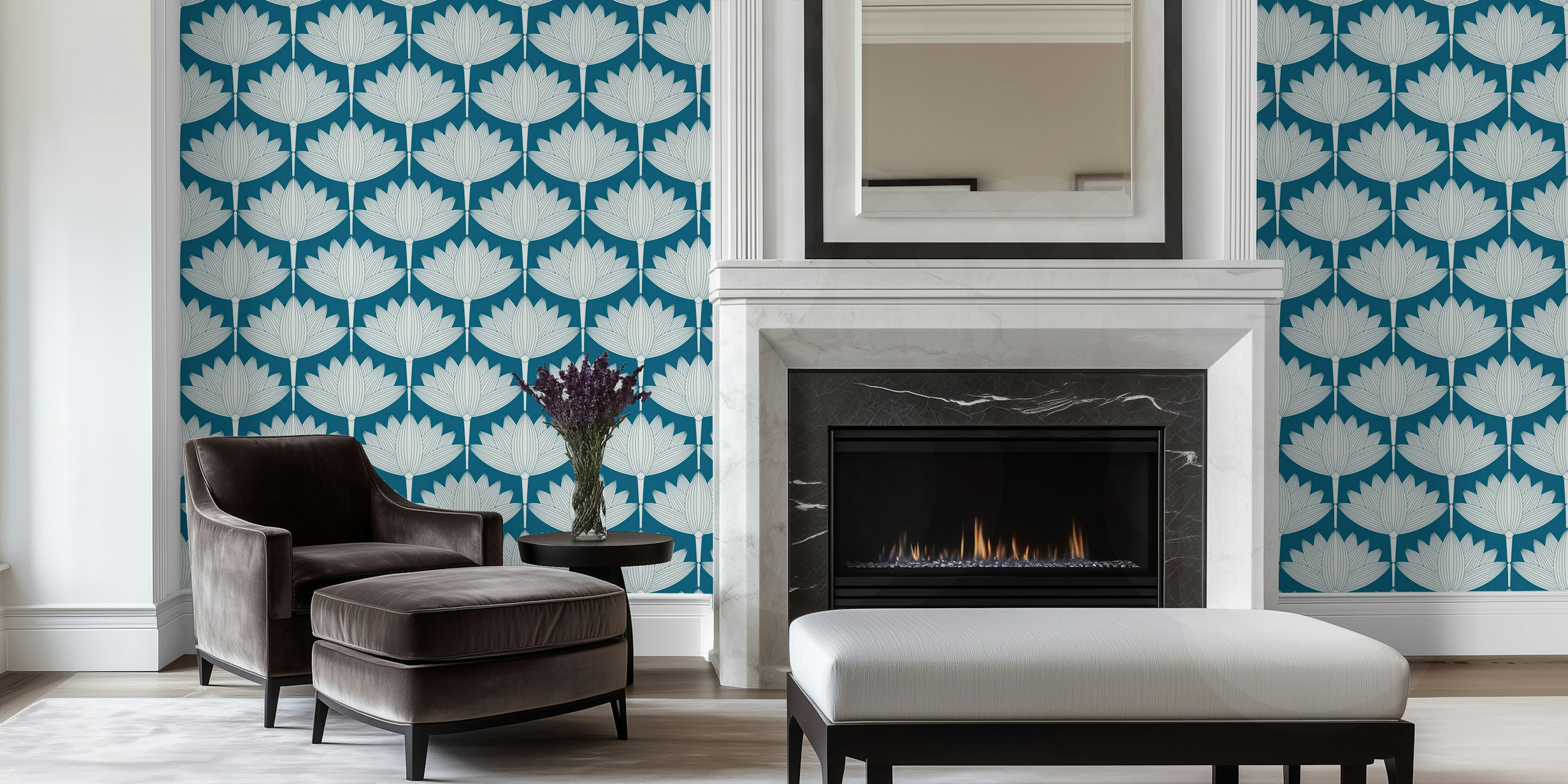 Teal floral design featuring lotus flowers on a wallpaper