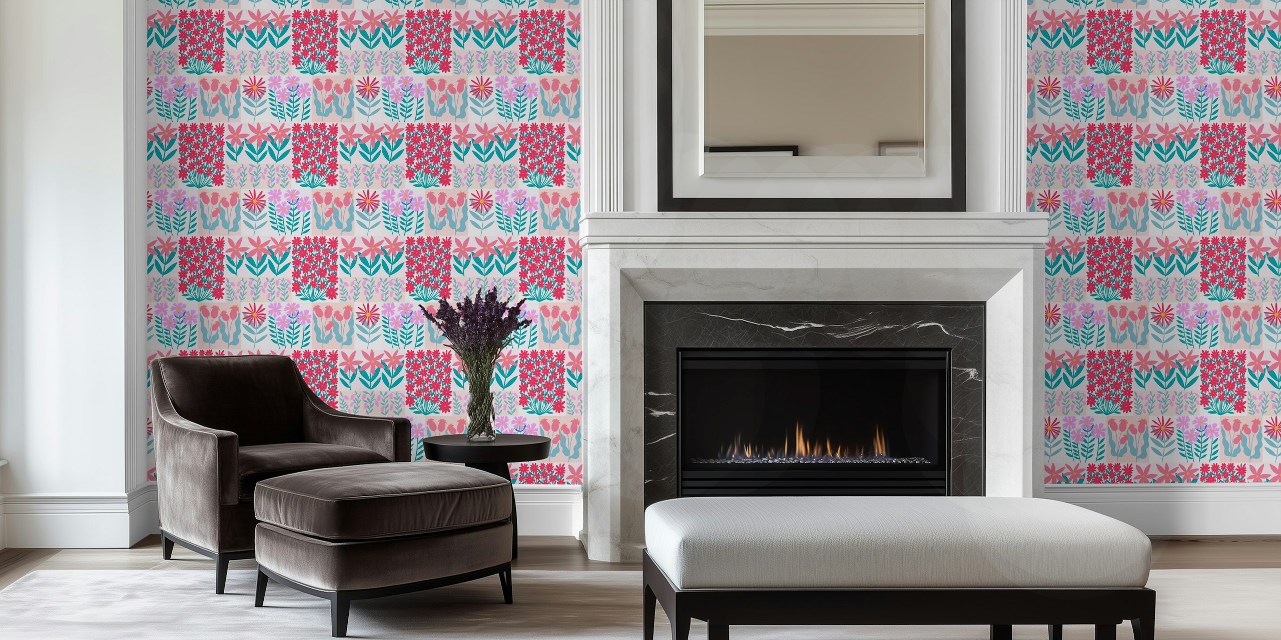 Colorful graphic flowers in pink and teal patterns wallpaper