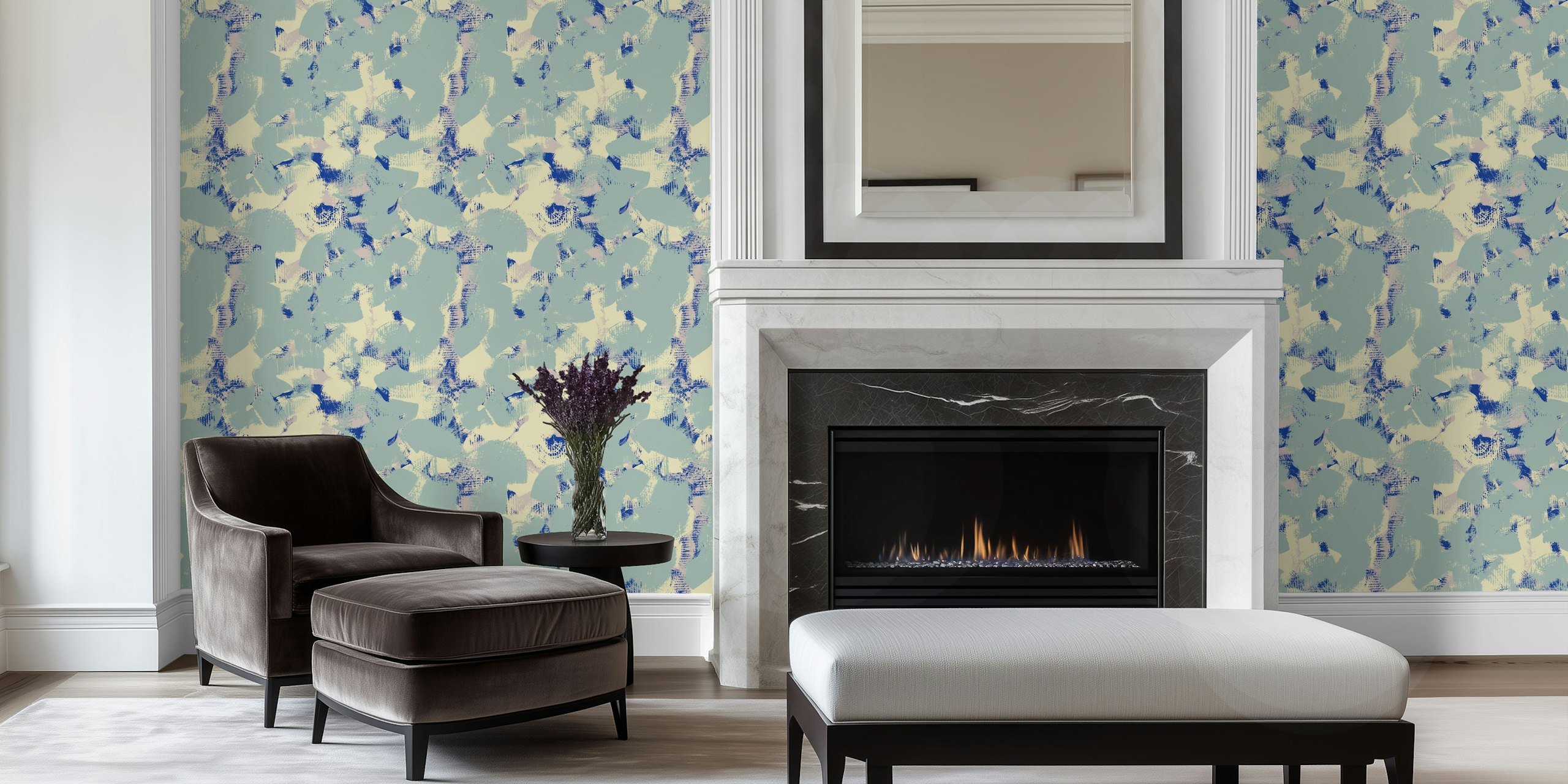 Textured brushstrokes in blue, pale green, and cream wallpaper