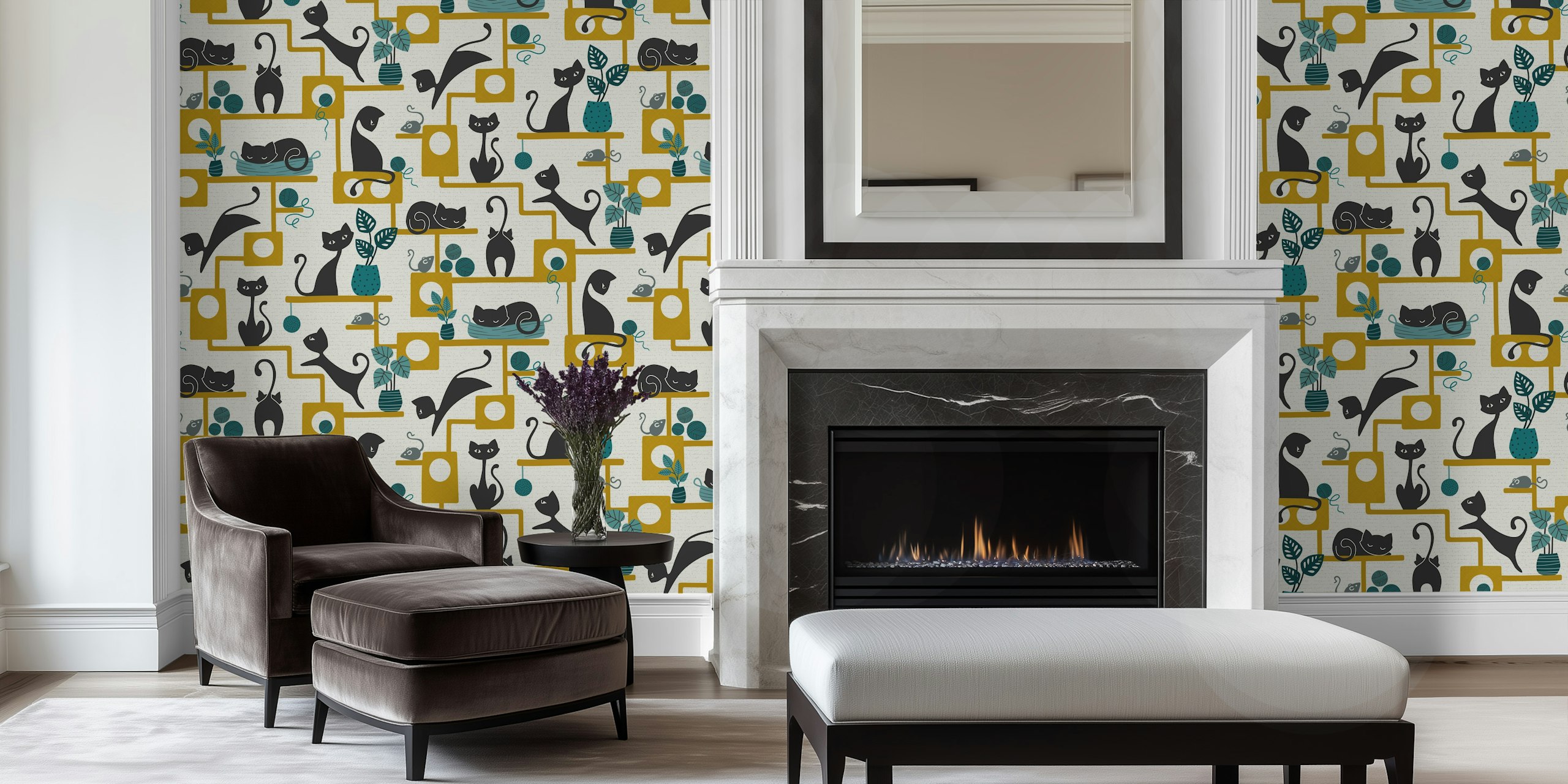 Whimsical cat pattern wallpaper in a styled room