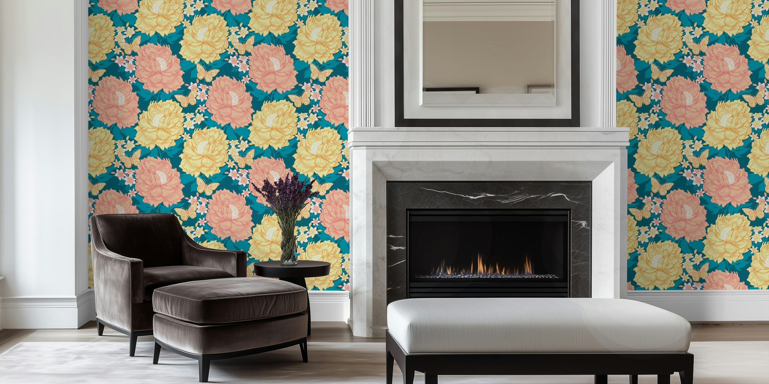Lush peony flowers wallpaper in a room