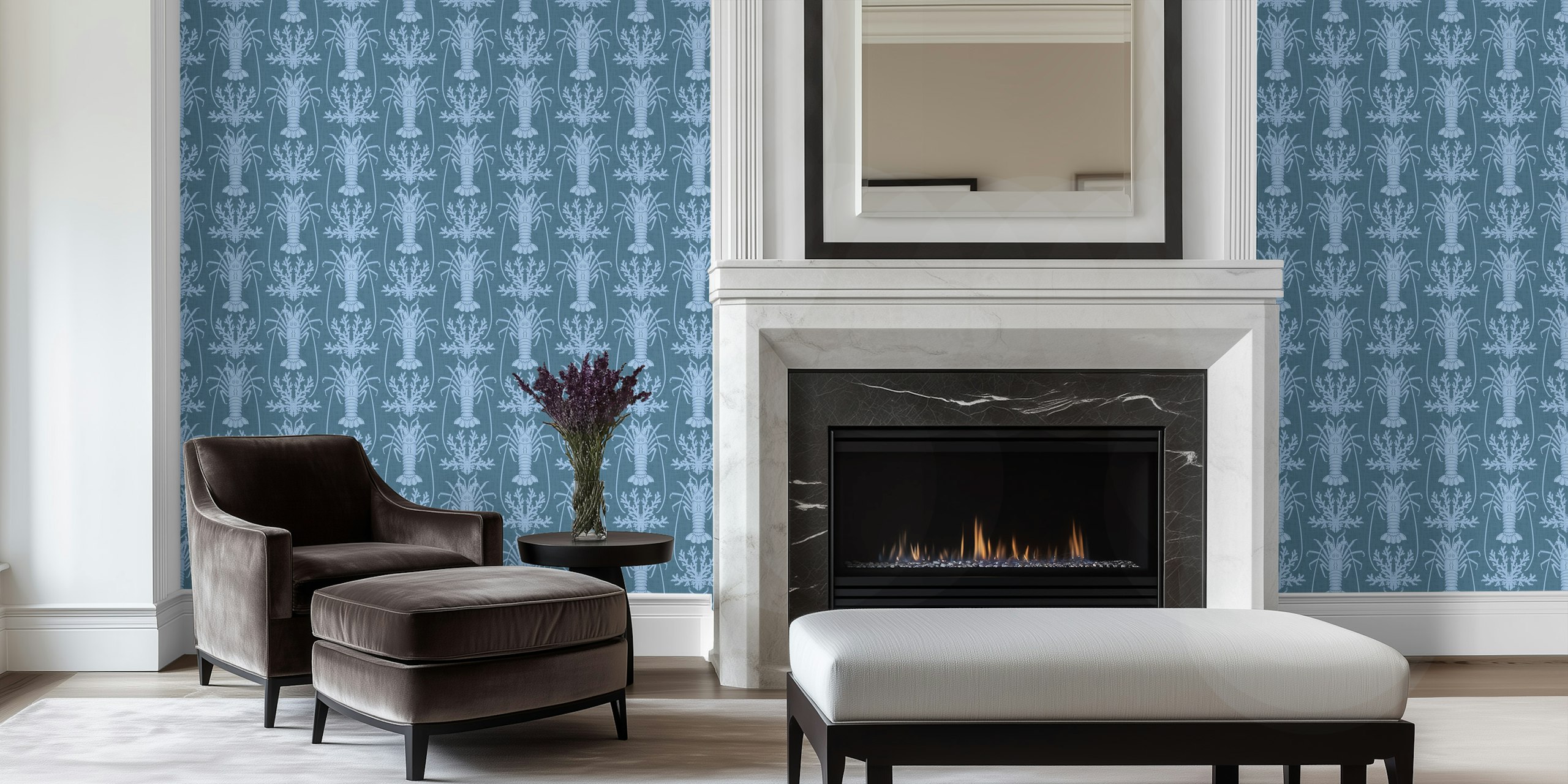 Blue folk art Languste wallpaper in a room