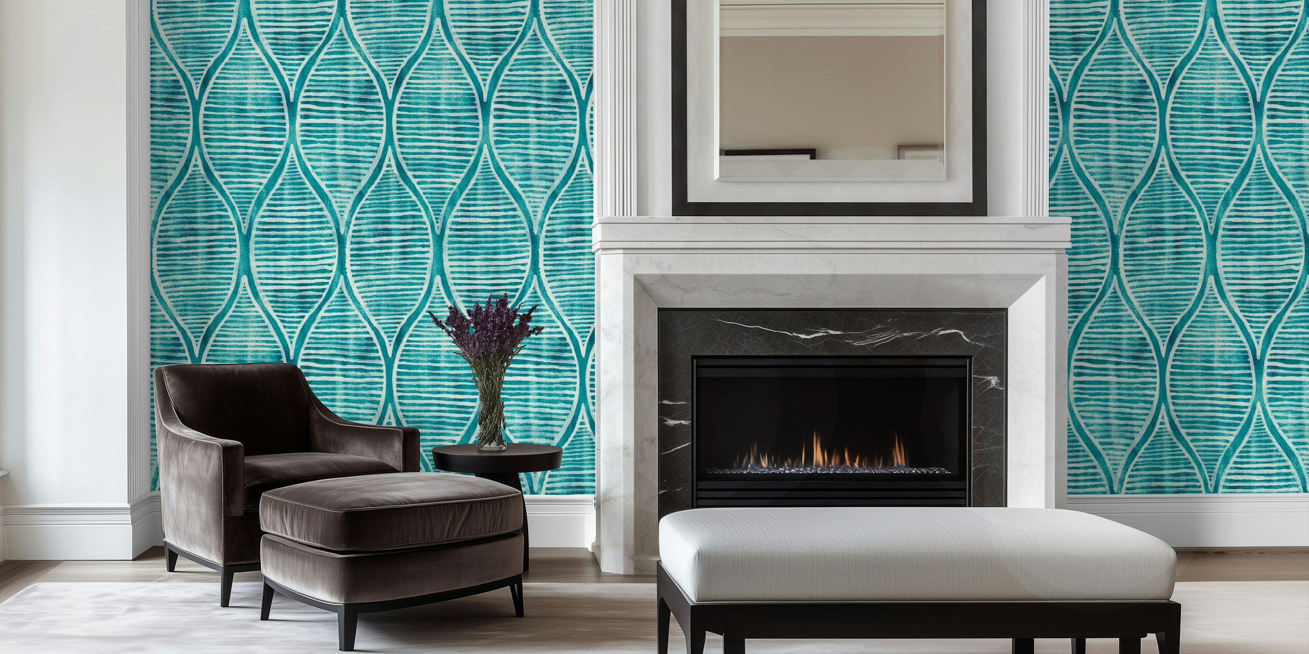 Teal blue and off-white ogee pattern wallpaper
