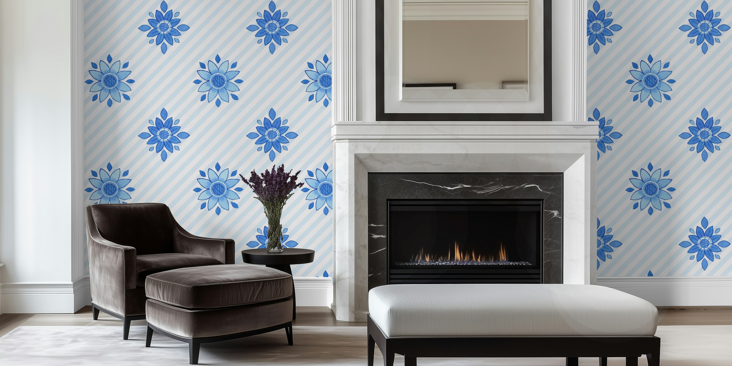 Zidna obloga s Diagonal stripes with blue florals