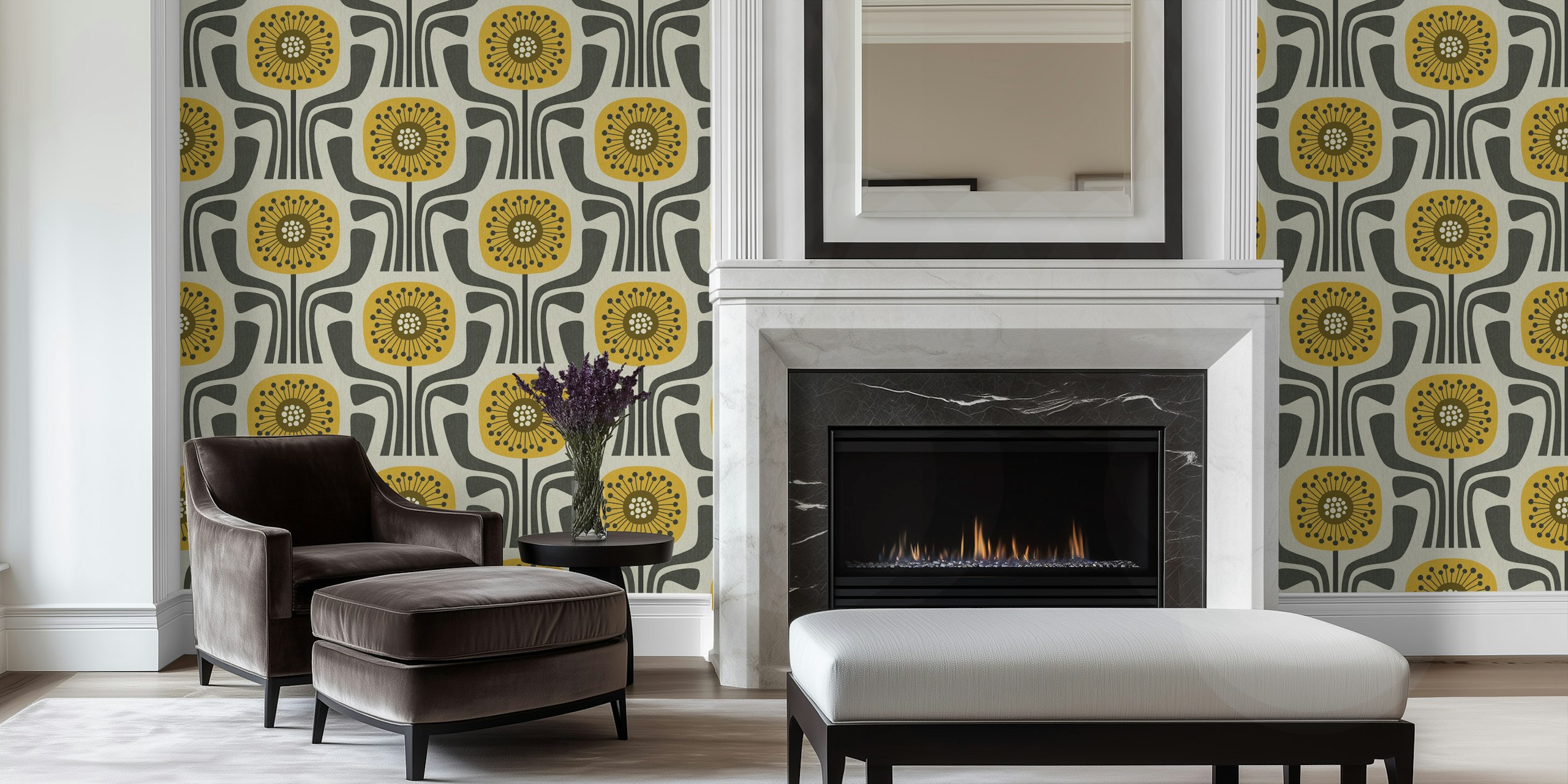 Retro geometric flowers v1 - mustard, brown in einem Raum