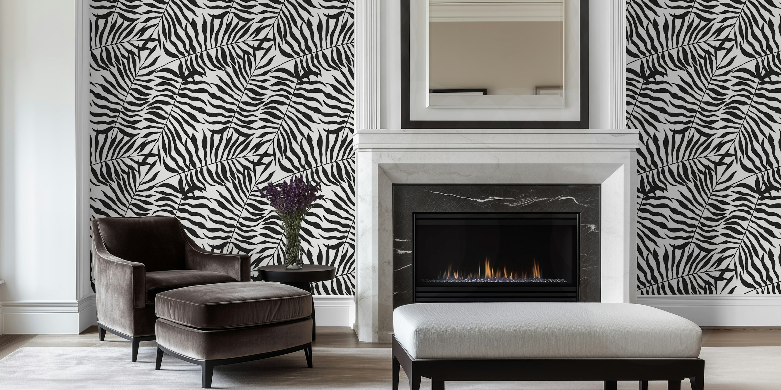 Zebra leaves pattern in black and white wallpaper