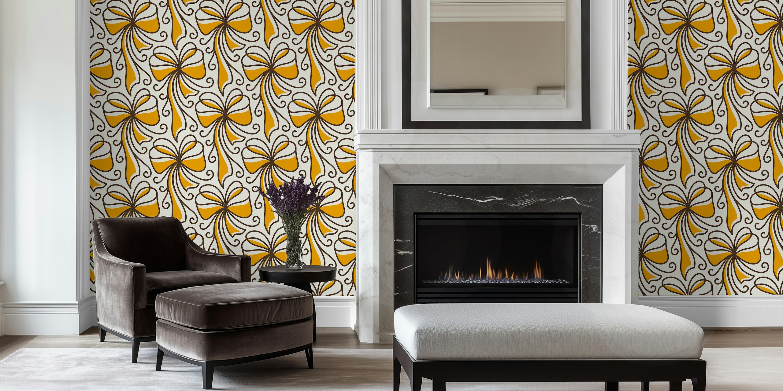Yellow and brown bow pattern wallpaper