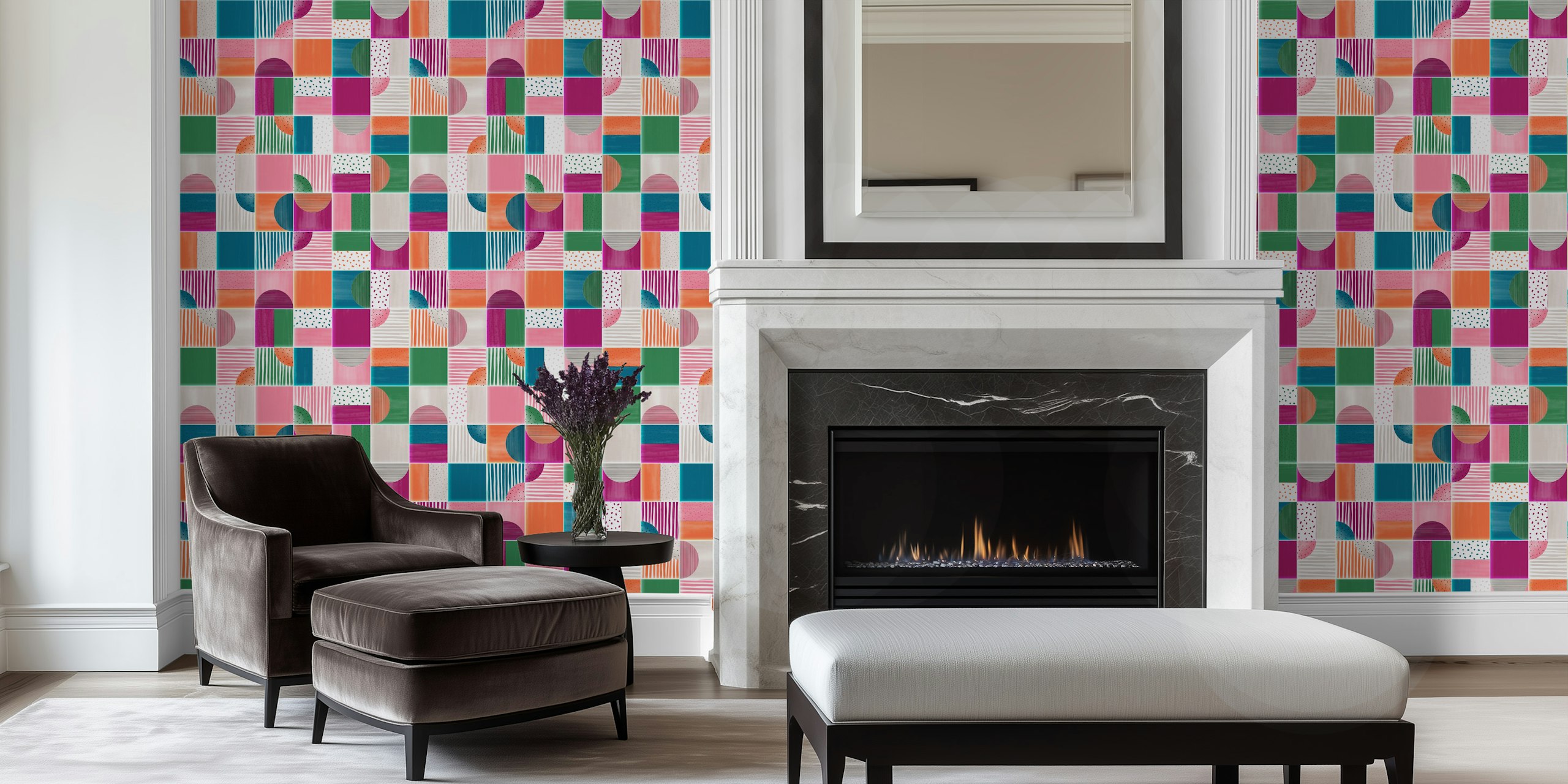 Colorful geometric tiles in pink, teal, and orange wallpaper